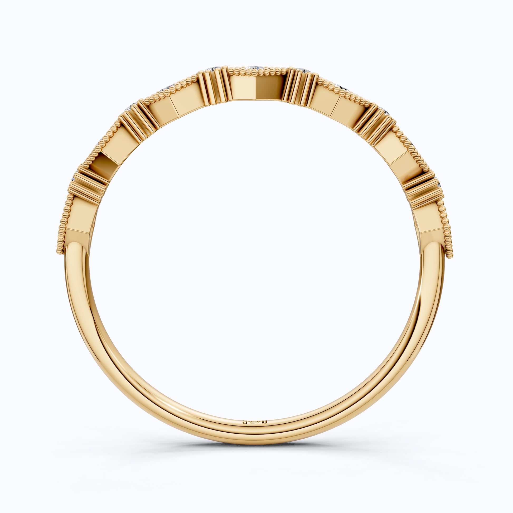 Vintage-Inspired Geometric Milgrain Wedding Band in 14K Solid Gold, 0.10 TCW Round Cut Lab Created Diamond, Stacker Gift For Her