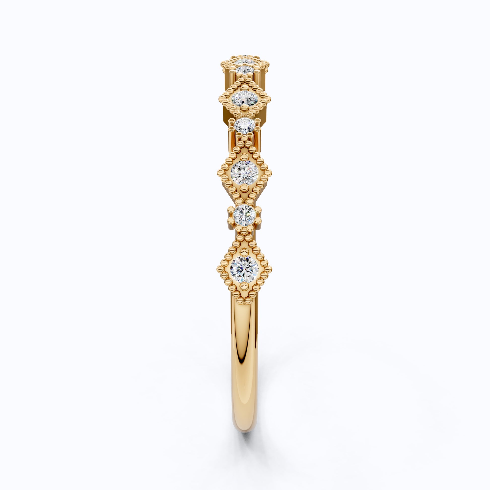 Vintage-Inspired Geometric Milgrain Wedding Band in 14K Solid Gold, 0.10 TCW Round Cut Lab Created Diamond, Stacker Gift For Her