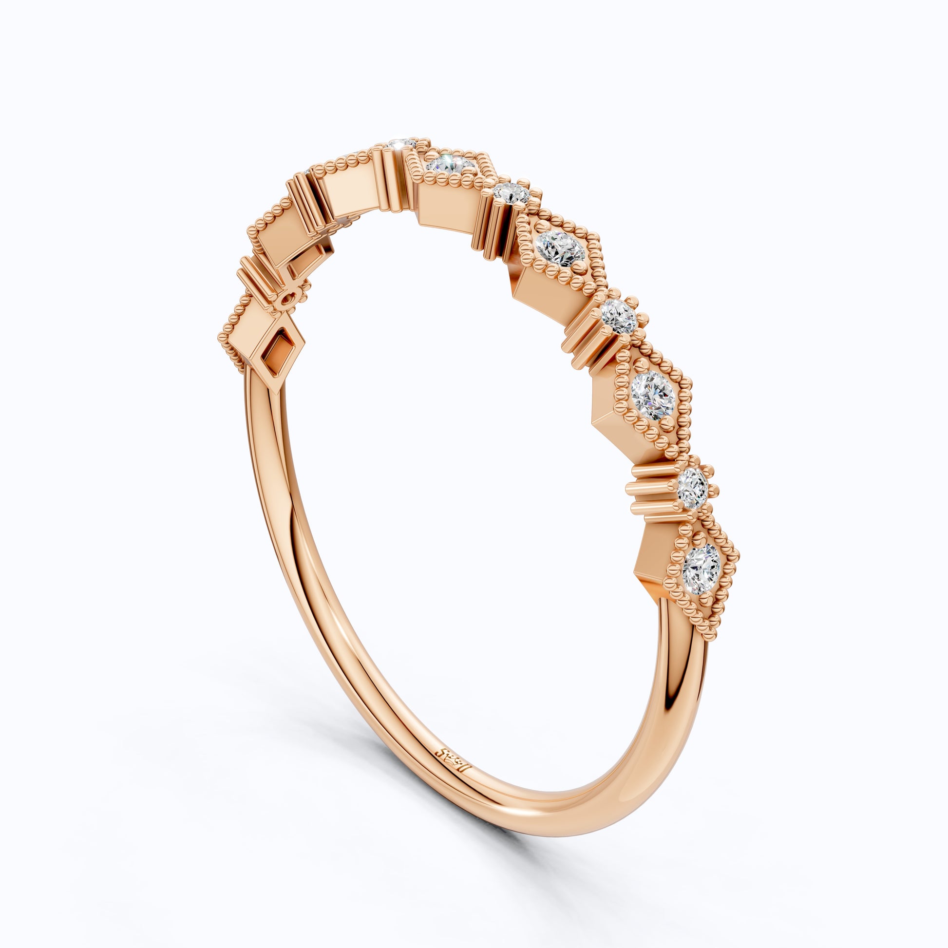 Vintage-Inspired Geometric Milgrain Wedding Band in 14K Solid Gold, 0.10 TCW Round Cut Lab Created Diamond, Stacker Gift For Her