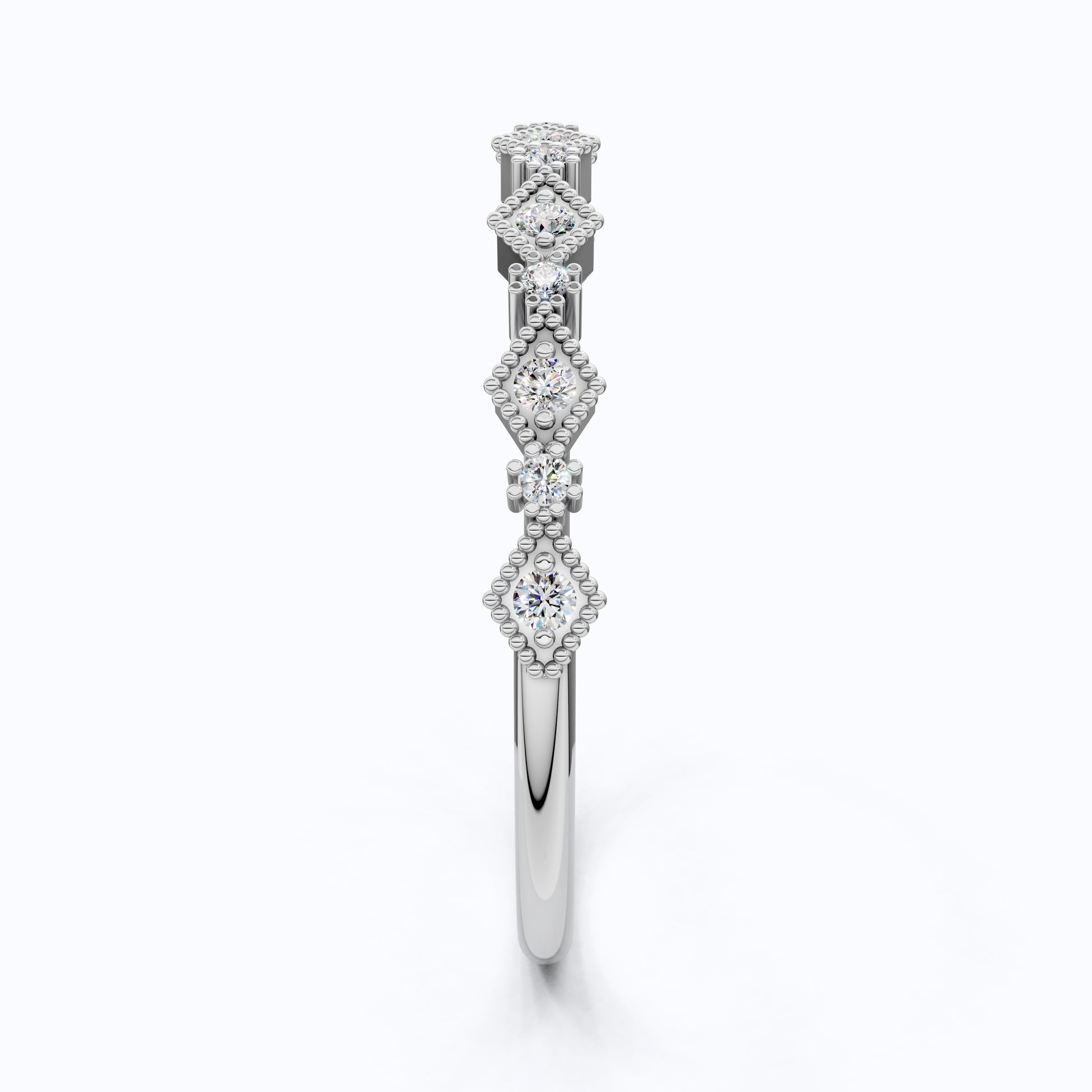 Vintage-Inspired Geometric Milgrain Wedding Band in 14K Solid Gold, 0.10 TCW Round Cut Lab Created Diamond, Stacker Gift For Her