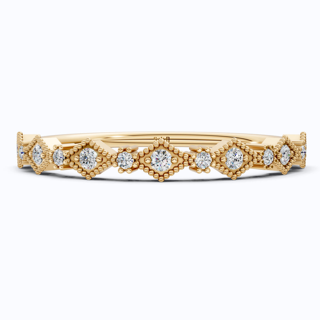 Vintage-Inspired Geometric Milgrain Wedding Band in 14K Solid Gold, 0.10 TCW Round Cut Lab Created Diamond, Stacker Gift For Her
