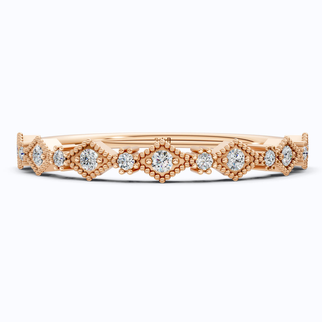Vintage-Inspired Geometric Milgrain Wedding Band in 14K Solid Gold, 0.10 TCW Round Cut Lab Created Diamond, Stacker Gift For Her
