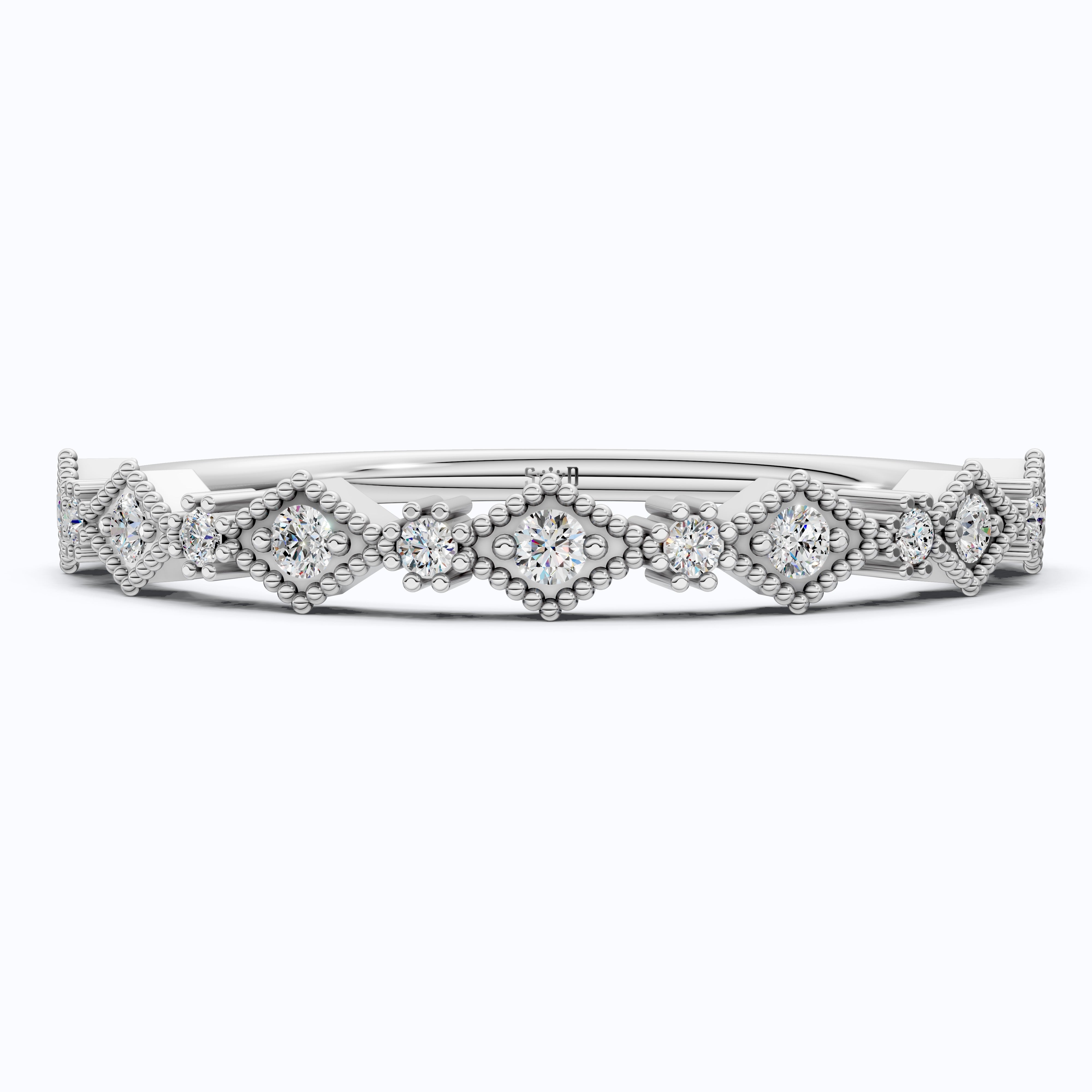 Vintage-Inspired Geometric Milgrain Wedding Band in 14K Solid Gold, 0.10 TCW Round Cut Lab Created Diamond, Stacker Gift For Her