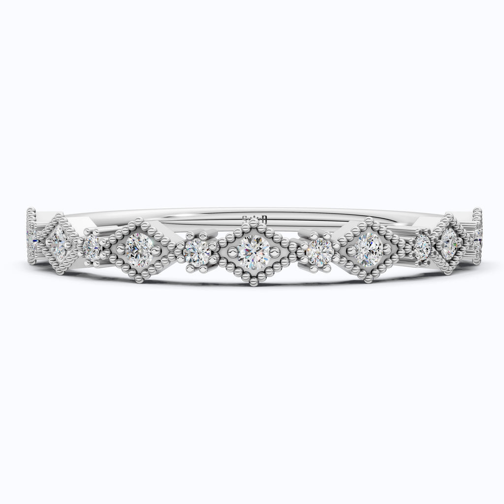 Vintage-Inspired Geometric Milgrain Wedding Band in 14K Solid Gold, 0.10 TCW Round Cut Lab Created Diamond, Stacker Gift For Her
