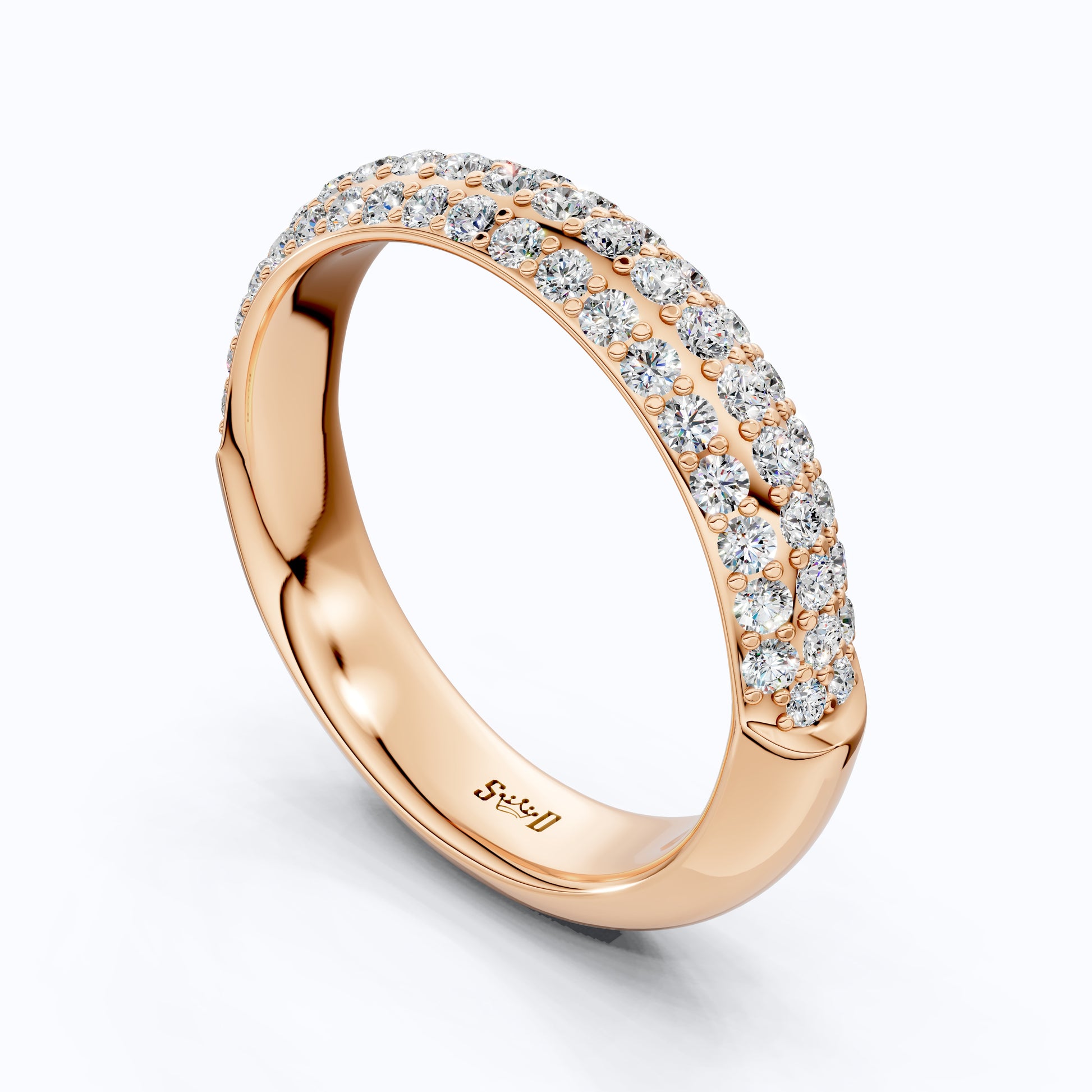 Triple Row Pavé Dome Wedding Band in 14K Solid Gold, Half Eternity Band, Elegant Anniversary Everyday Gift for Wife