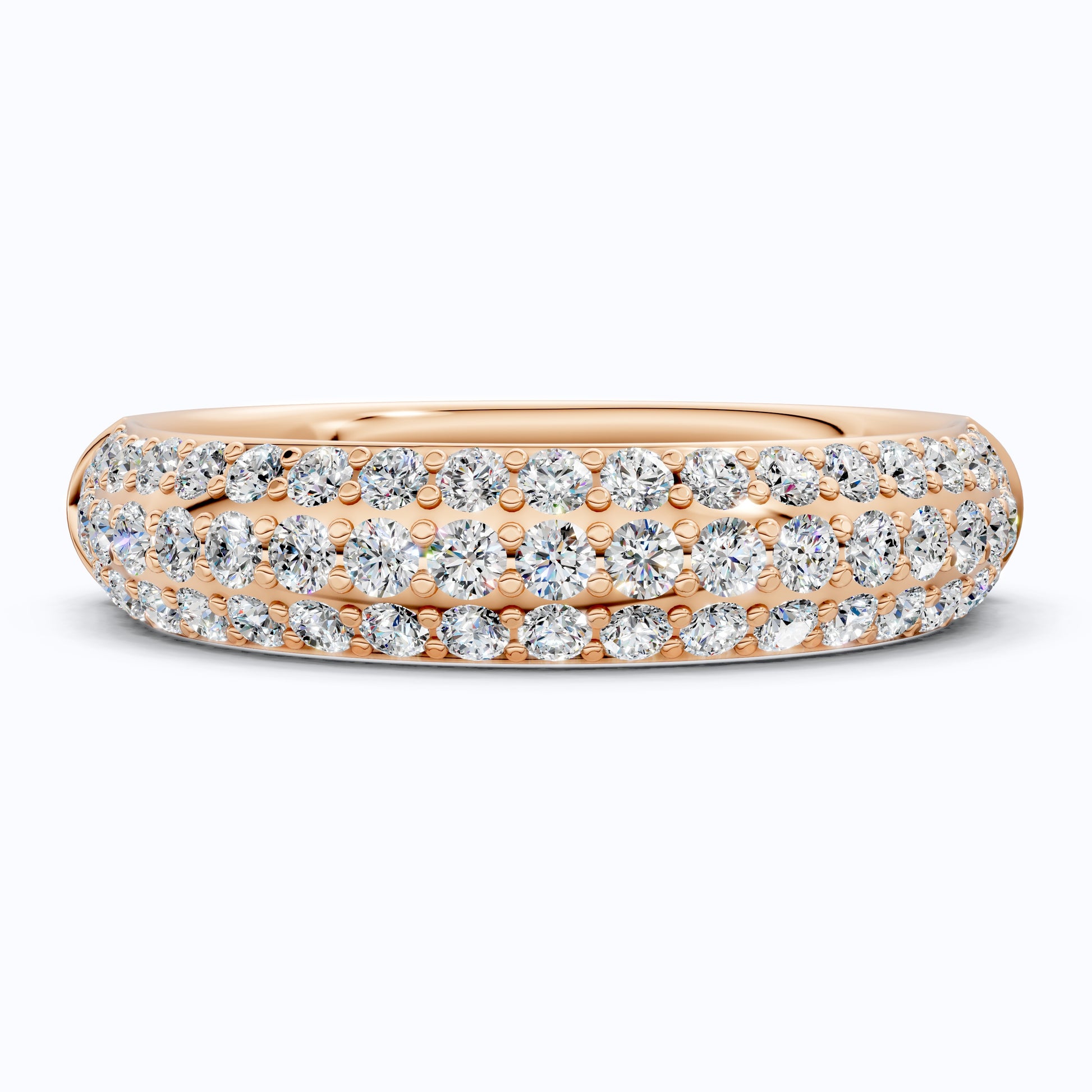 Triple Row Pavé Dome Wedding Band in 14K Solid Gold, Half Eternity Band, Elegant Anniversary Everyday Gift for Wife