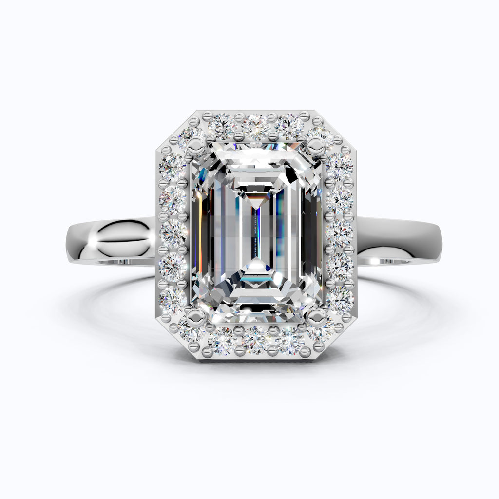 Emerald Halo Art Deco Engagement Ring in Lab Diamond or Moissanite – Solid 9k/14k Gold or Sterling Silver Wedding Ring Gift for Wife, Anniversary GIft