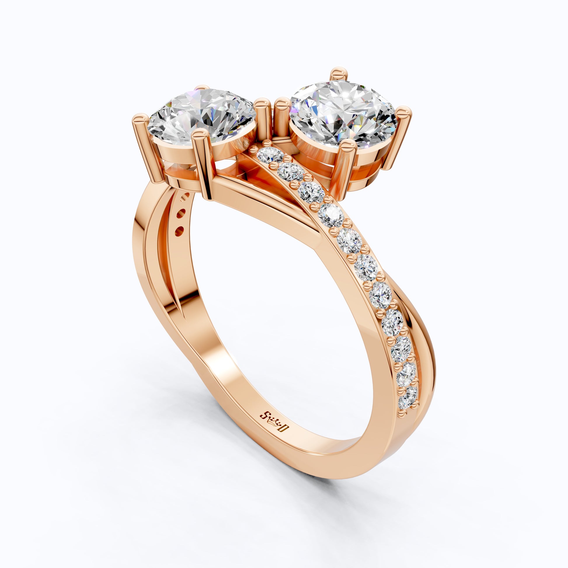 Twisted Pavé Double Stone Engagement Ring in 14K Solid Gold, Anniversary Gift for Wife, Modern Elegant Twisted Bypass Ring