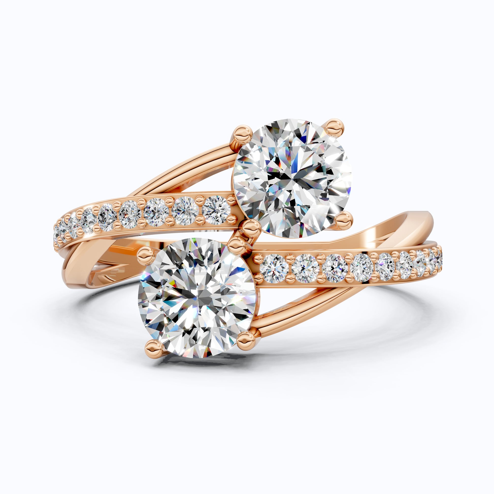 Twisted Pavé Double Stone Engagement Ring in 14K Solid Gold, Anniversary Gift for Wife, Modern Elegant Twisted Bypass Ring
