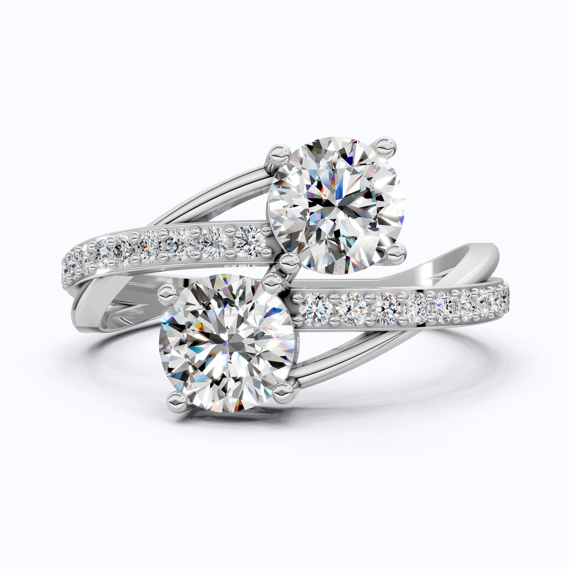 Twisted Pavé Double Stone Engagement Ring in 14K Solid Gold, Anniversary Gift for Wife, Modern Elegant Twisted Bypass Ring