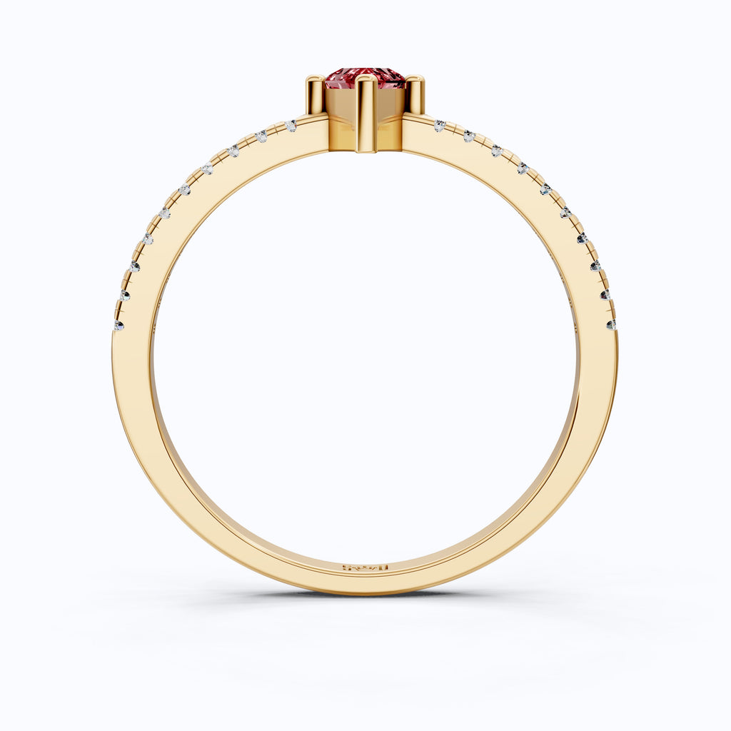 Kite Cut Ruby Gemstone Engagement Ring in 18K Yellow Gold, Diamond Pave Simple Band, Modern Minimalist Ring, Gift for Wife