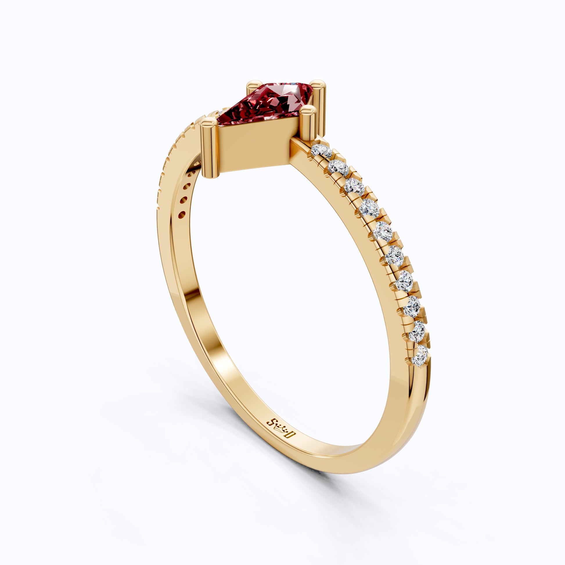 Kite Cut Ruby Gemstone Engagement Ring in 18K Yellow Gold, Diamond Pave Simple Band, Modern Minimalist Ring, Gift for Wife
