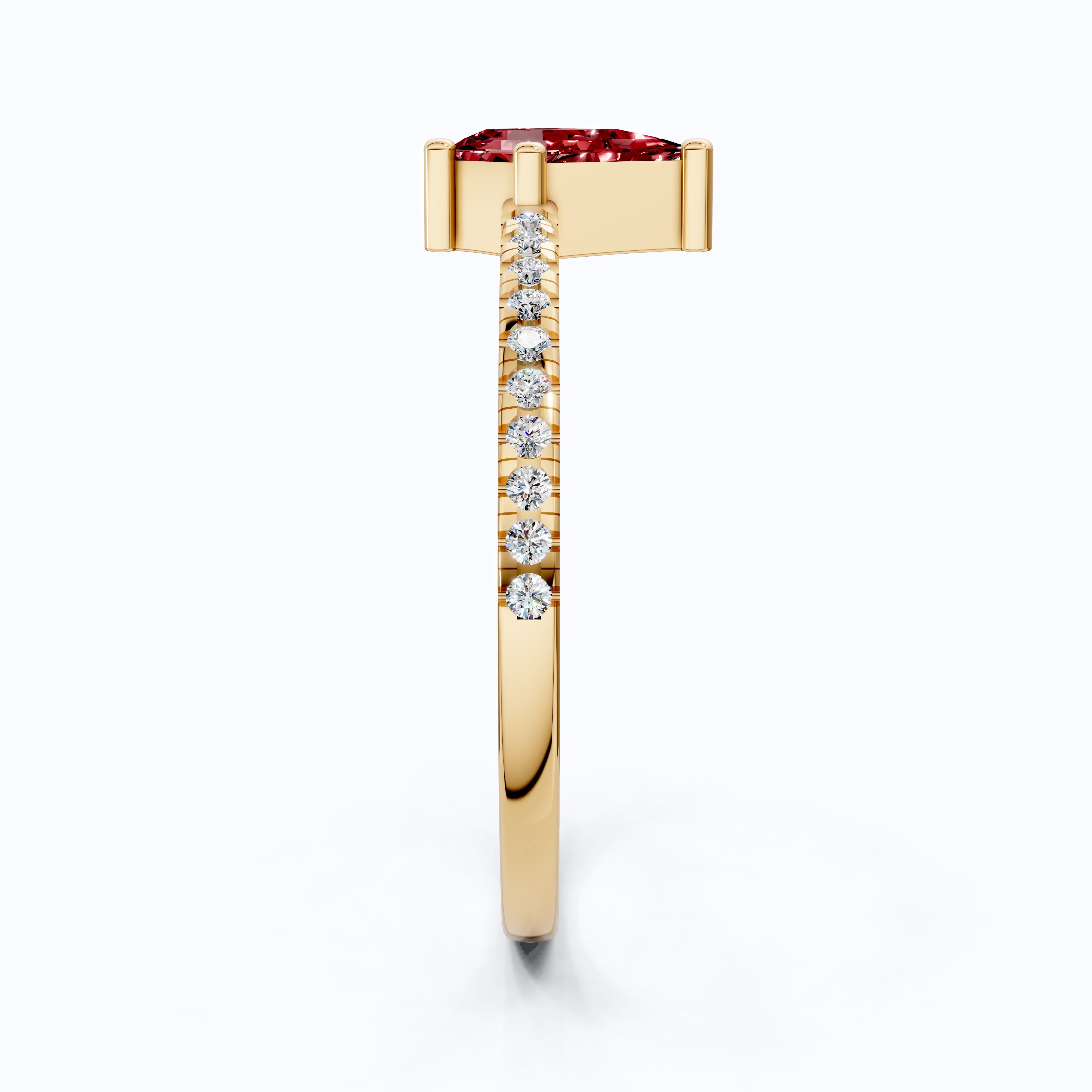 Kite Cut Ruby Gemstone Engagement Ring in 18K Yellow Gold, Diamond Pave Simple Band, Modern Minimalist Ring, Gift for Wife