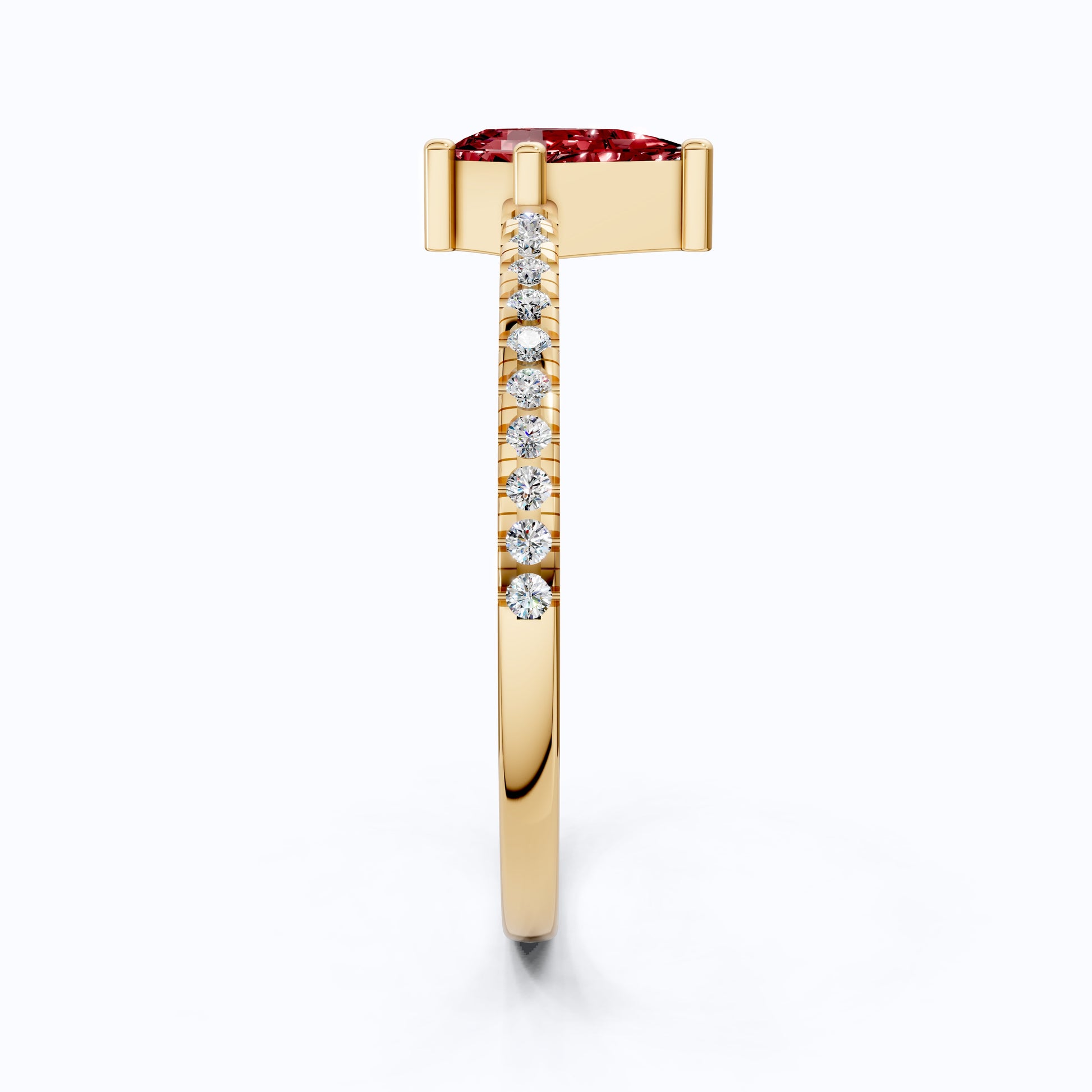 Kite Cut Ruby Gemstone Engagement Ring in 18K Yellow Gold, Diamond Pave Simple Band, Modern Minimalist Ring, Gift for Wife