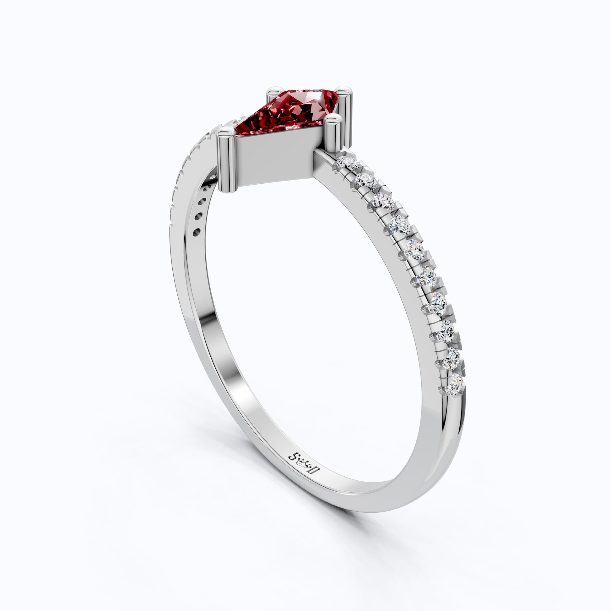 Kite Cut Ruby Gemstone Engagement Ring in 18K Yellow Gold, Diamond Pave Simple Band, Modern Minimalist Ring, Gift for Wife