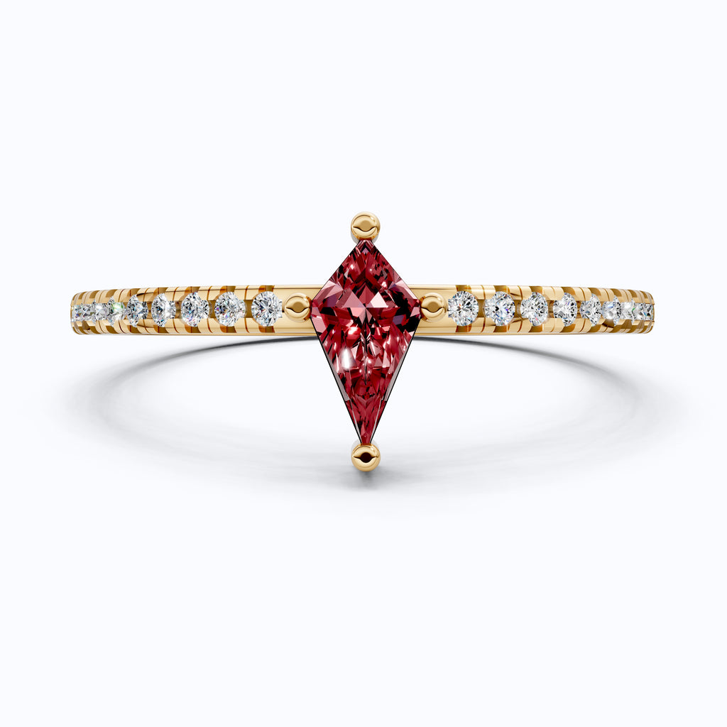 Kite Cut Ruby Gemstone Engagement Ring in 18K Yellow Gold, Diamond Pave Simple Band, Modern Minimalist Ring, Gift for Wife