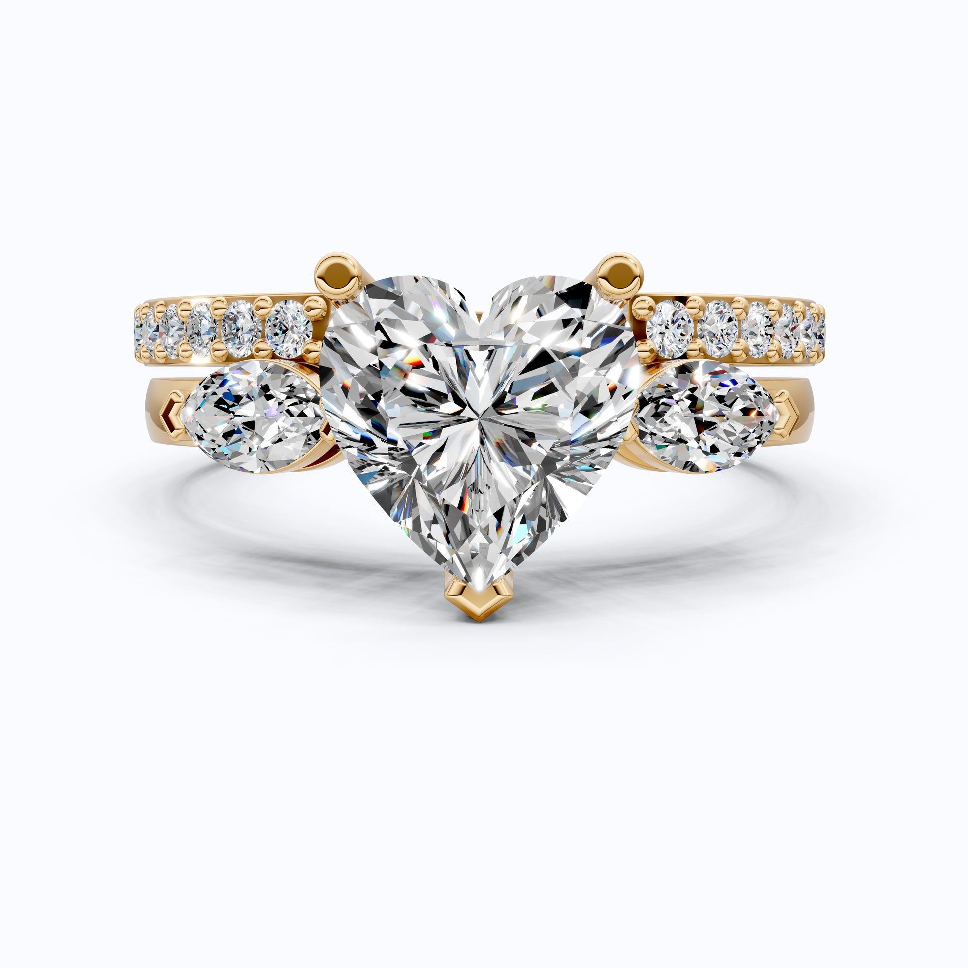 Solitaire Heart Cut Ring with Marquise Side Stones & Open Eternity Band Bridal Ring Set in 14k Solid Gold, 2.00 CT Heart Cut Lab Diamond, Bridal Set for Her