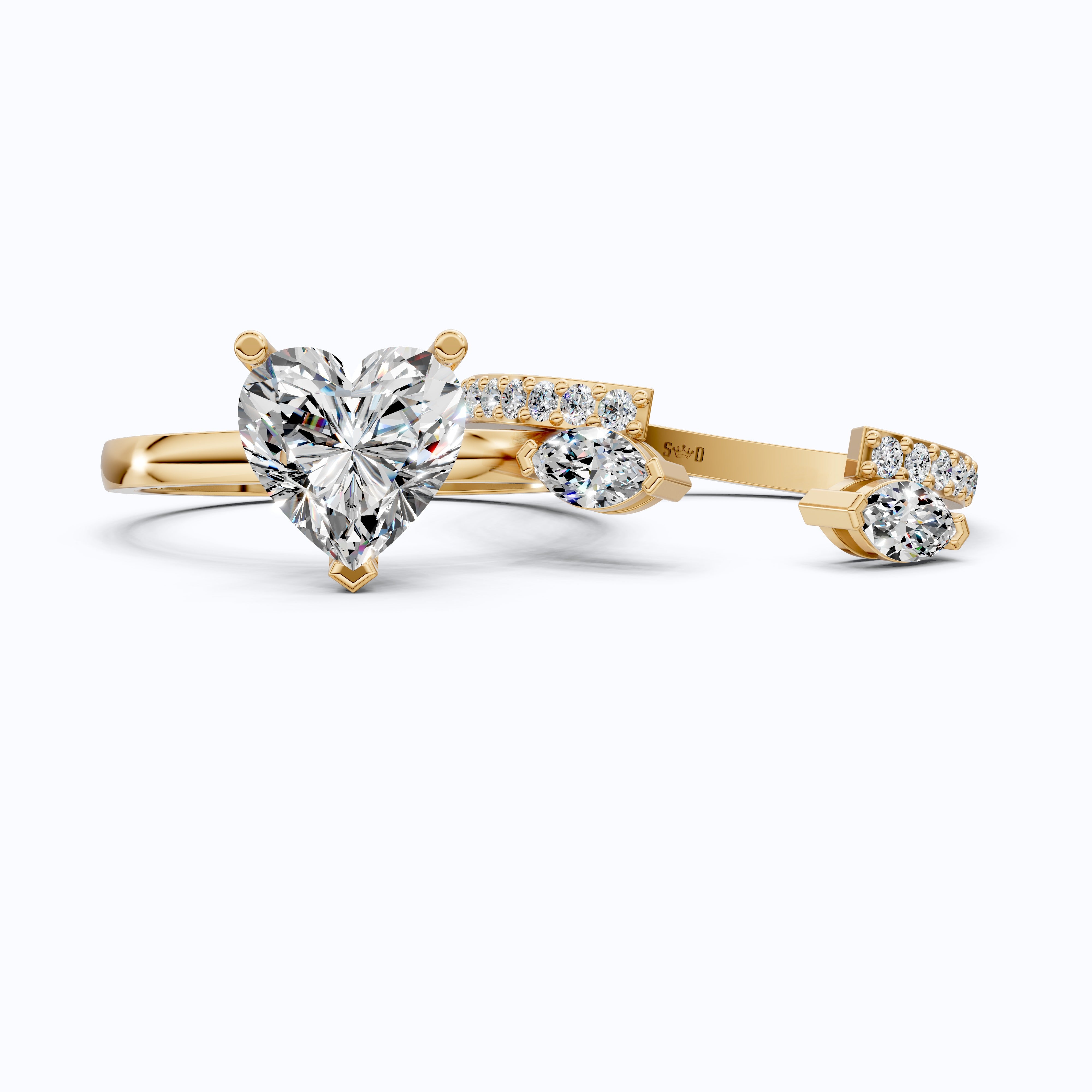 Solitaire Heart Cut Ring with Marquise Side Stones & Open Eternity Band Bridal Ring Set in 14k Solid Gold, 2.00 CT Heart Cut Lab Diamond, Bridal Set for Her