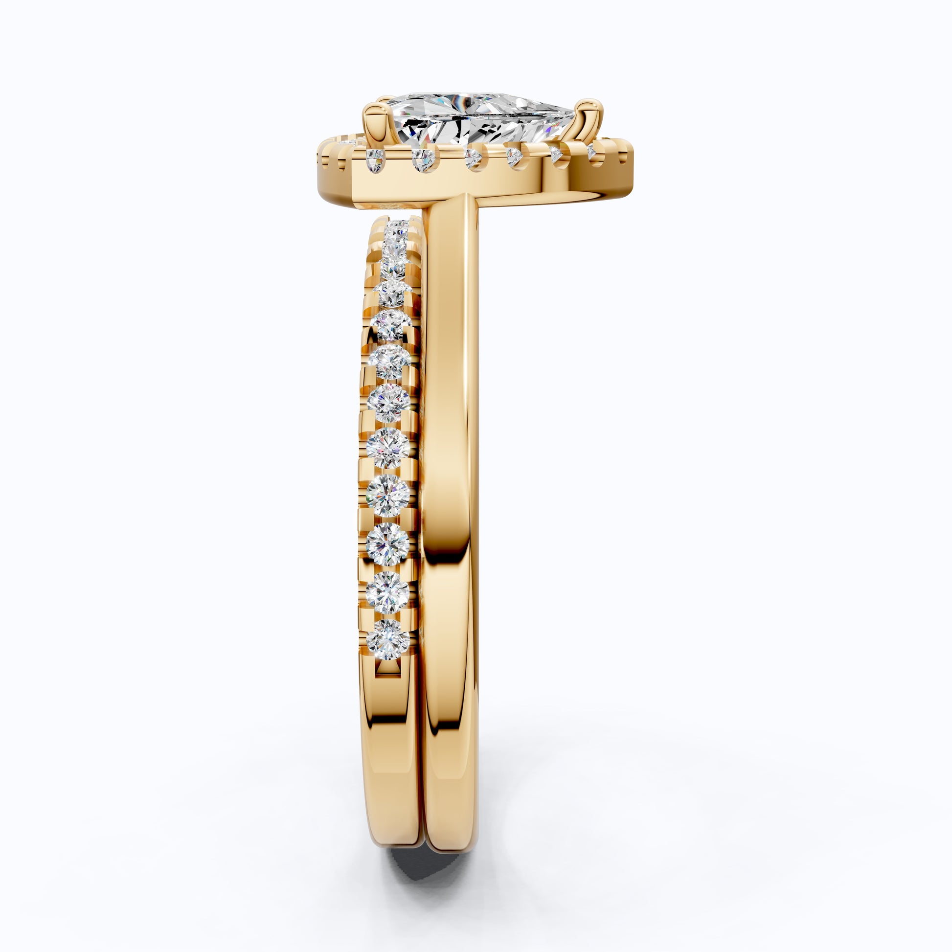 1.50 CT Trillion Curved Cut Halo Engagement Ring With Half Eternity Band, Bridal Set