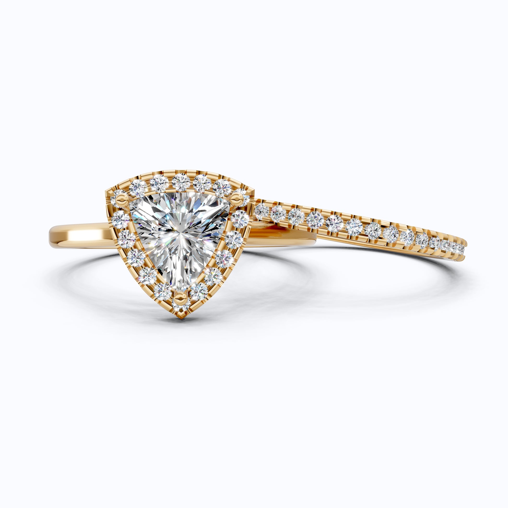 1.50 CT Trillion Curved Cut Halo Engagement Ring With Half Eternity Band, Bridal Set