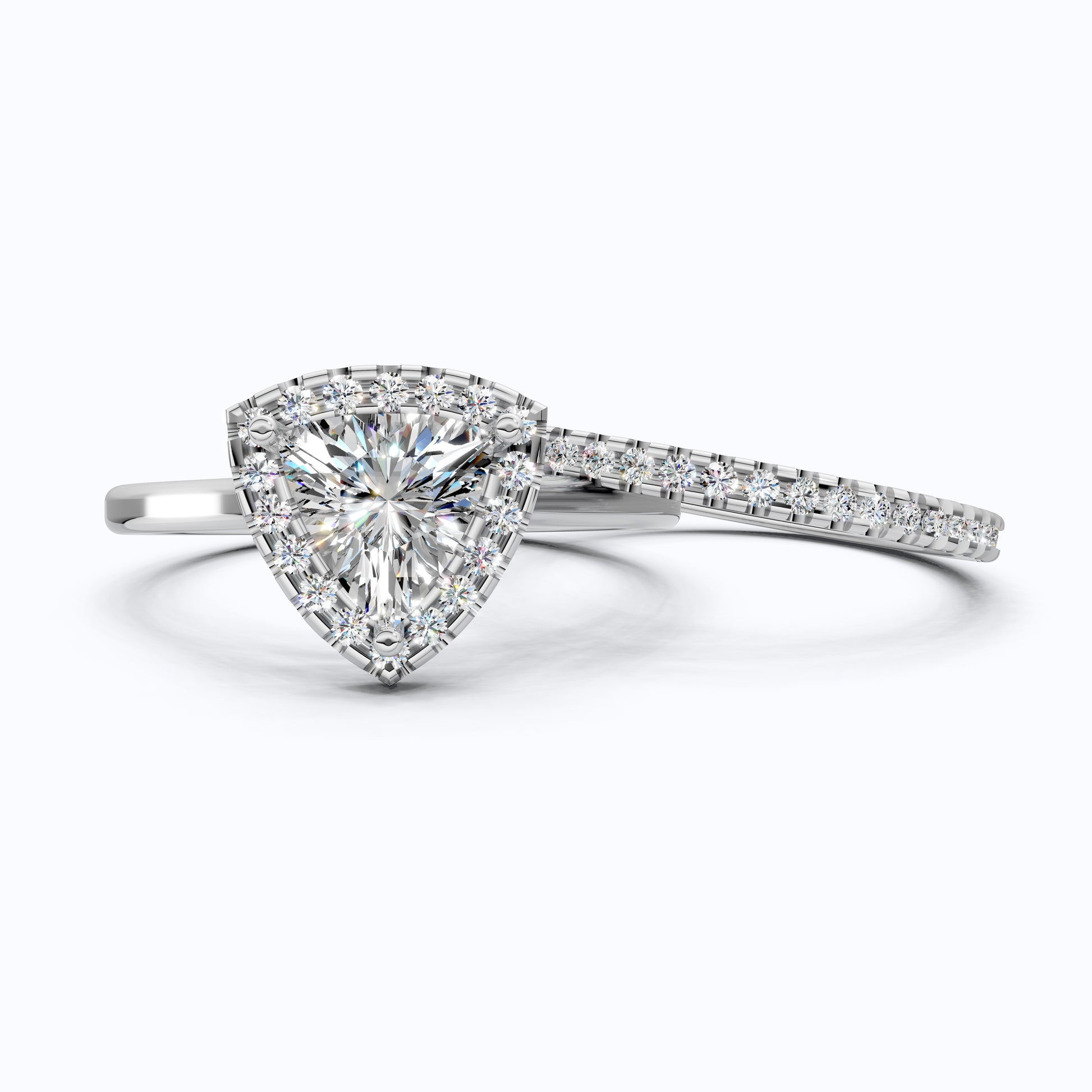 1.50 CT Trillion Curved Cut Halo Engagement Ring With Half Eternity Band, Bridal Set