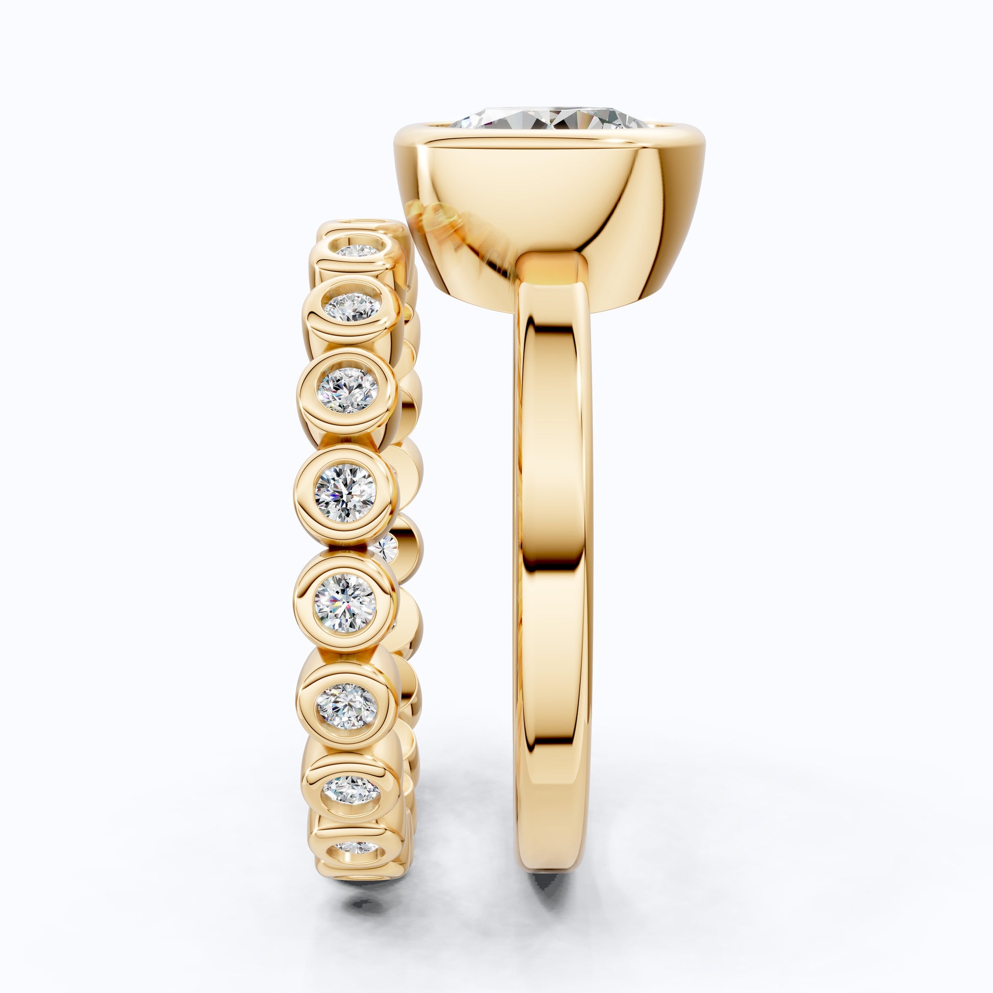 Modern Minimal Bezel Round Solitaire with Bezel Dot Band Engagement Ring Set in 14k Solid Gold, 2.43 CT Round Cut Lab Created Diamond, Wedding Gift for Her, Daily Wear Jewelry