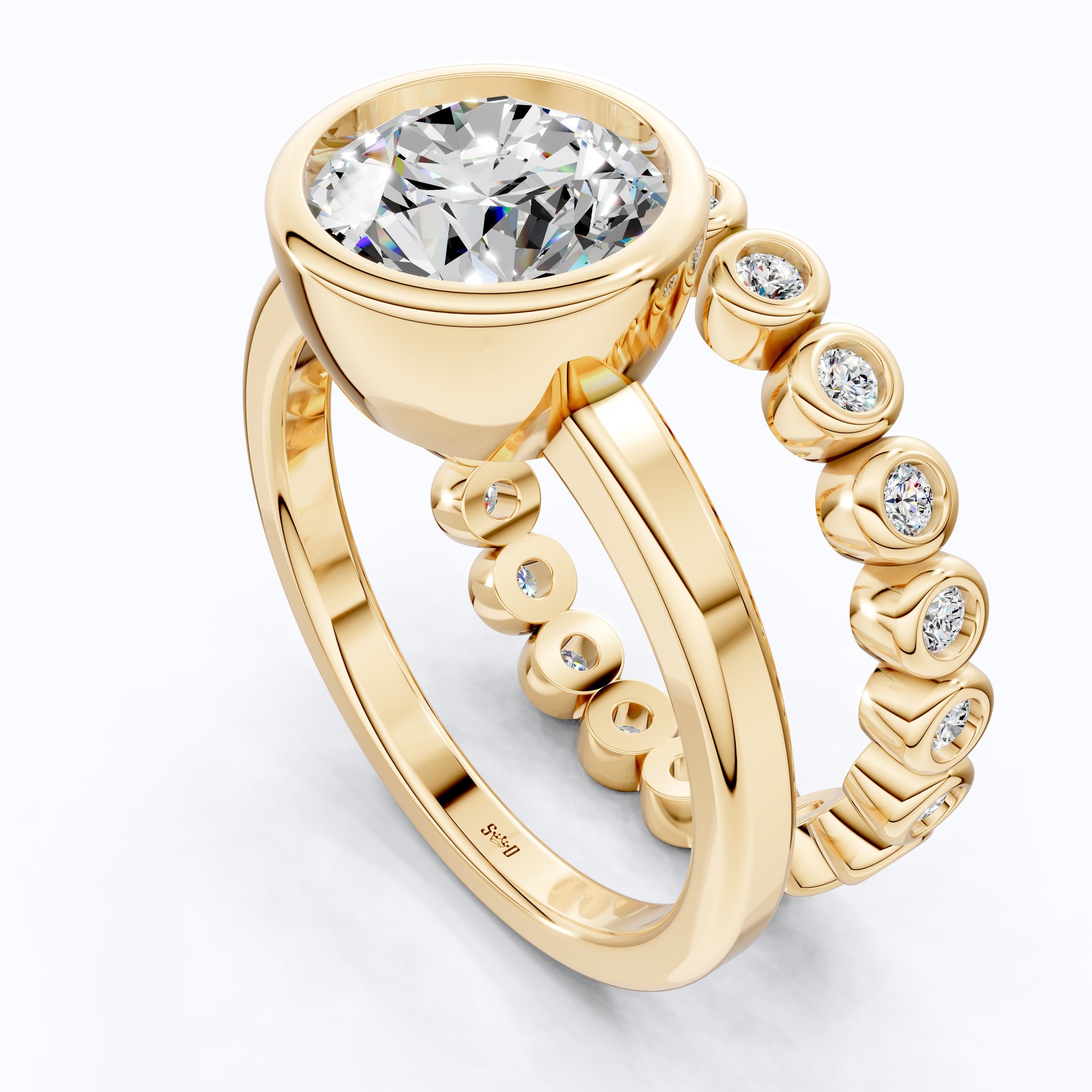 Modern Minimal Bezel Round Solitaire with Bezel Dot Band Engagement Ring Set in 14k Solid Gold, 2.43 CT Round Cut Lab Created Diamond, Wedding Gift for Her, Daily Wear Jewelry