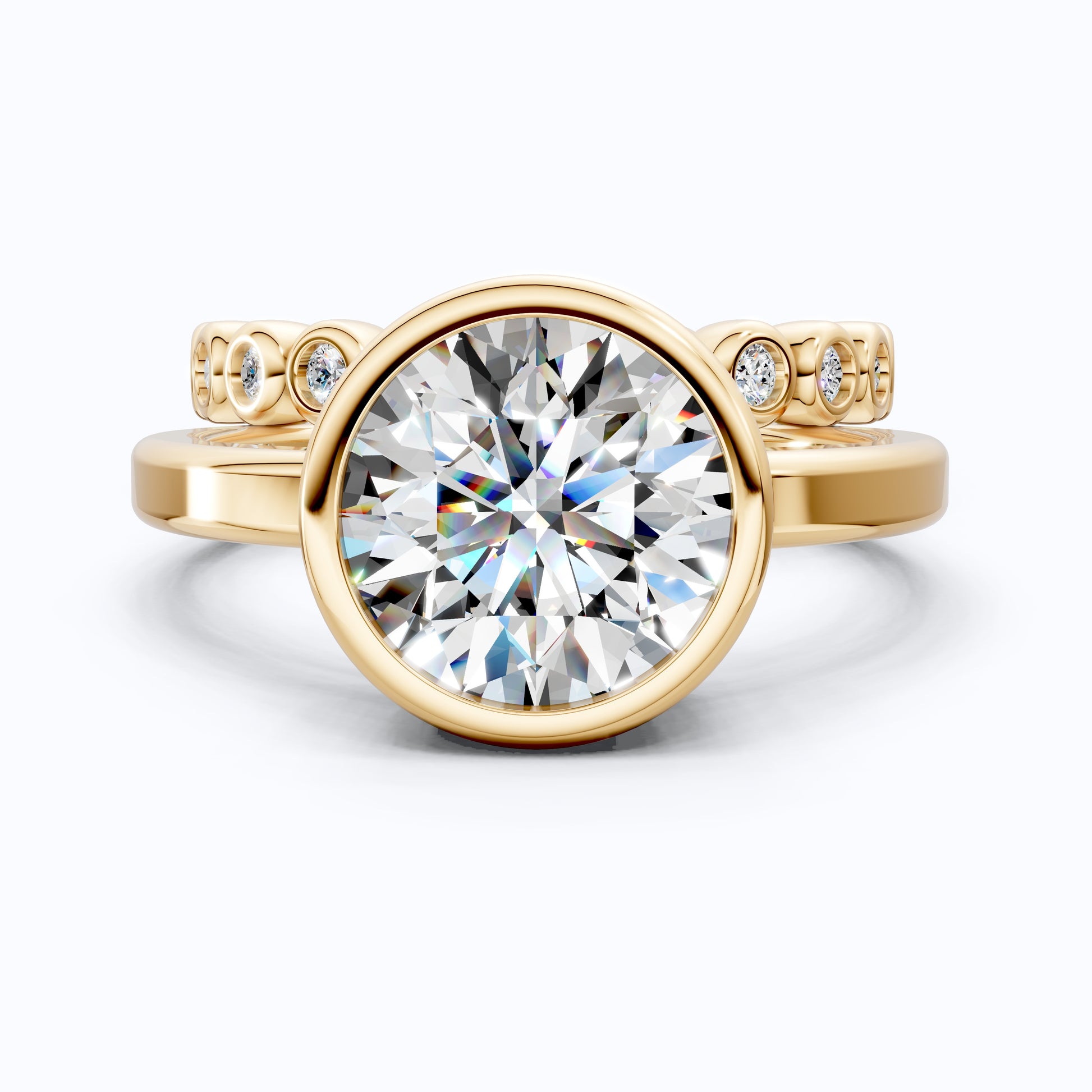 Modern Minimal Bezel Round Solitaire with Bezel Dot Band Engagement Ring Set in 14k Solid Gold, 2.43 CT Round Cut Lab Created Diamond, Wedding Gift for Her, Daily Wear Jewelry