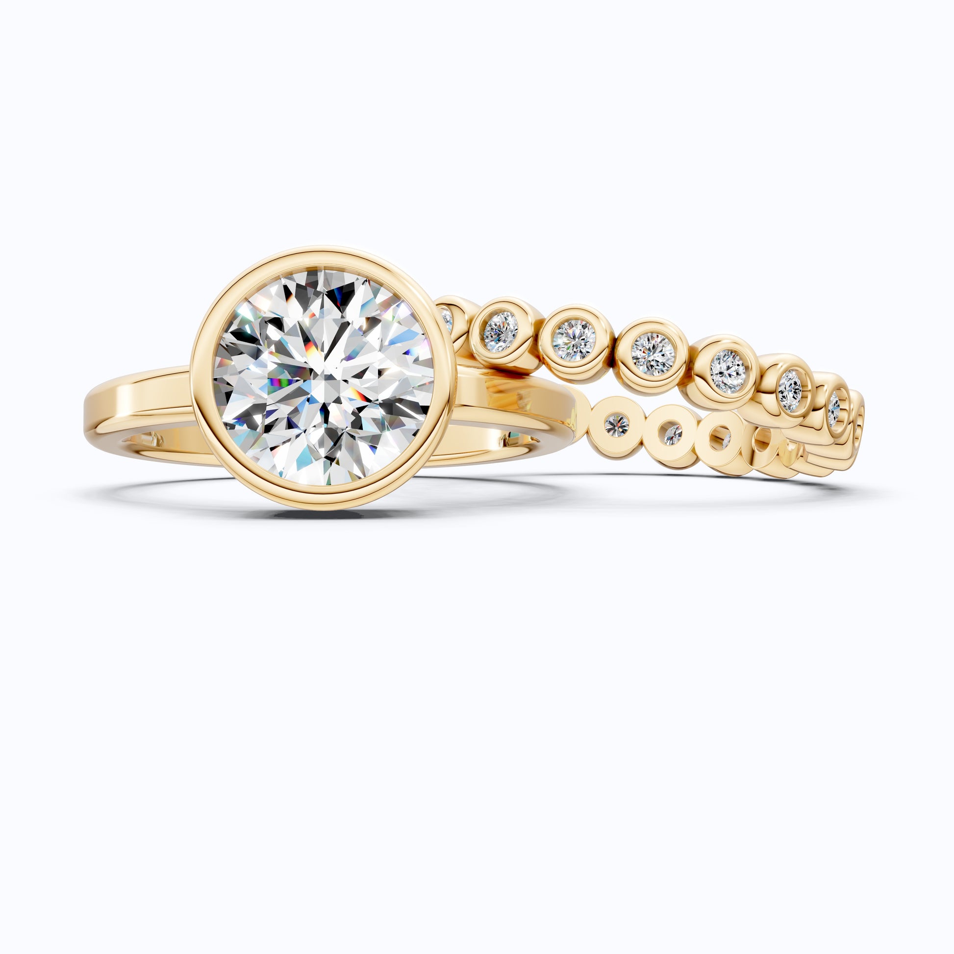 Modern Minimal Bezel Round Solitaire with Bezel Dot Band Engagement Ring Set in 14k Solid Gold, 2.43 CT Round Cut Lab Created Diamond, Wedding Gift for Her, Daily Wear Jewelry