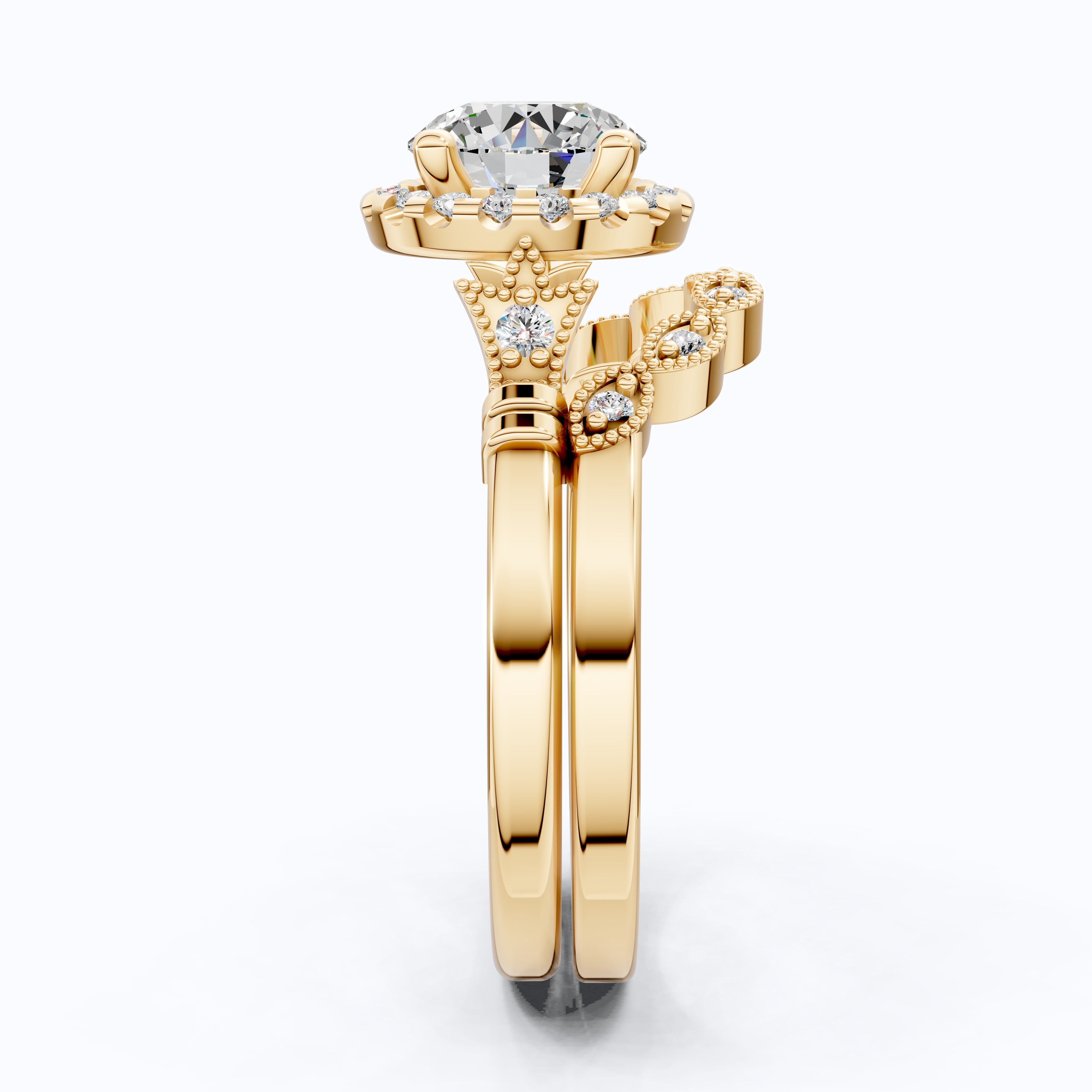 Antique Style Floral Halo Crown Engagement Ring Set in 14K Solid Gold, 1.30 CT Round Cut Lab Created Diamond, Birthday Gift for Her, Unique Bridal Jewelry