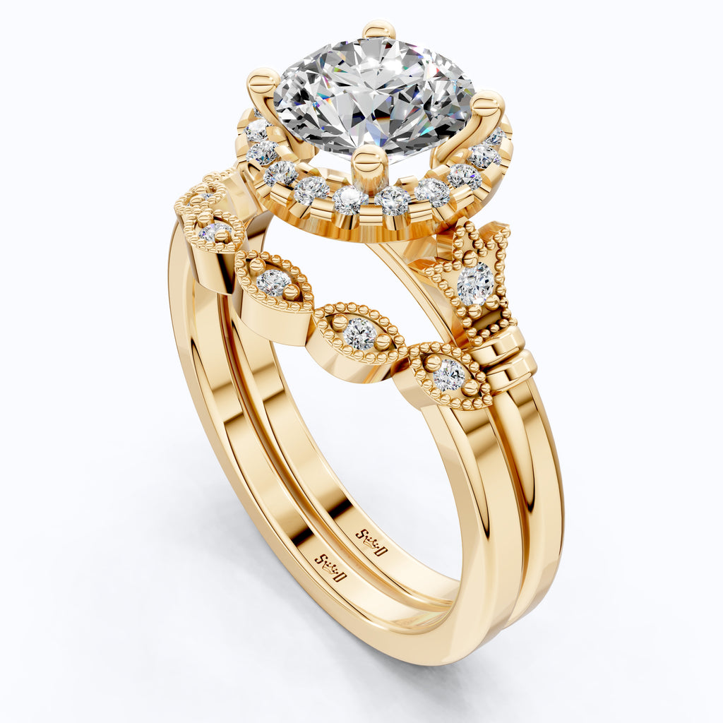 Antique Style Floral Halo Crown Engagement Ring Set in 14K Solid Gold, 1.30 CT Round Cut Lab Created Diamond, Birthday Gift for Her, Unique Bridal Jewelry