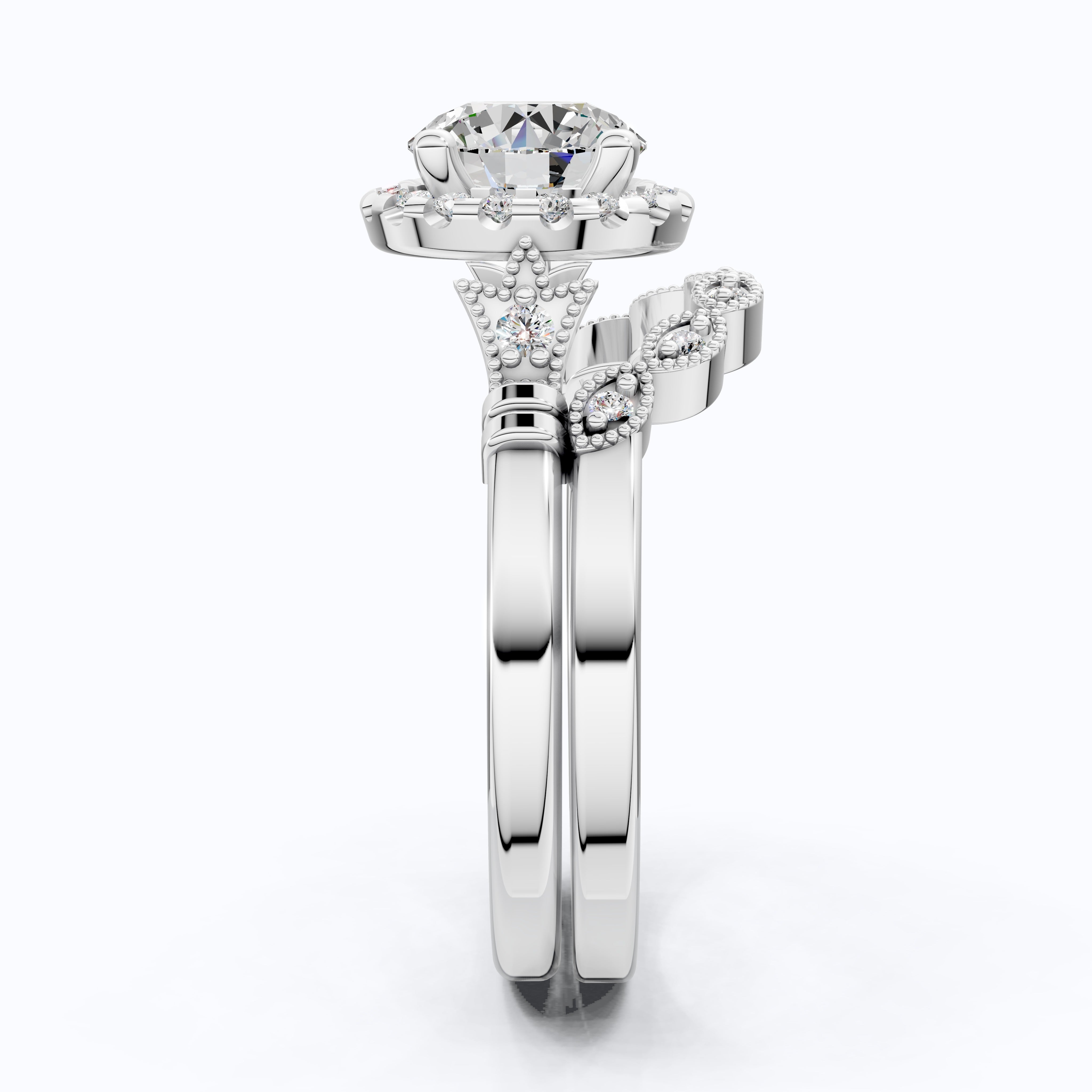 Antique Style Floral Halo Crown Engagement Ring Set in 14K Solid Gold, 1.30 CT Round Cut Lab Created Diamond, Birthday Gift for Her, Unique Bridal Jewelry