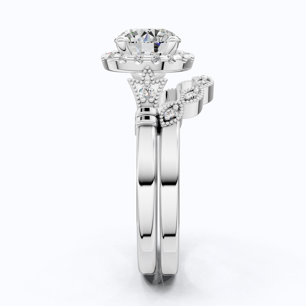 Antique Style Floral Halo Crown Engagement Ring Set in 14K Solid Gold, 1.30 CT Round Cut Lab Created Diamond, Birthday Gift for Her, Unique Bridal Jewelry