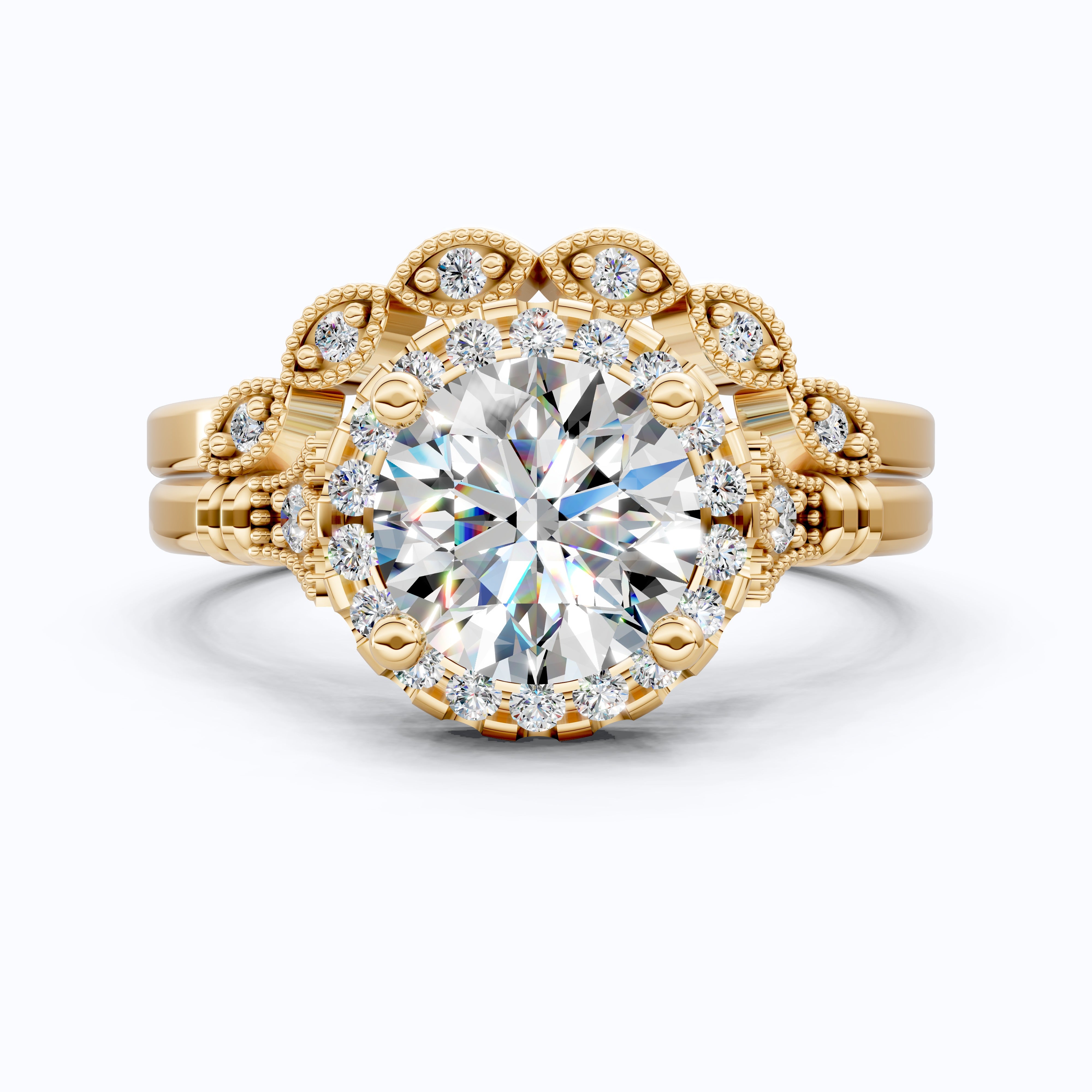 Antique Style Floral Halo Crown Engagement Ring Set in 14K Solid Gold, 1.30 CT Round Cut Lab Created Diamond, Birthday Gift for Her, Unique Bridal Jewelry
