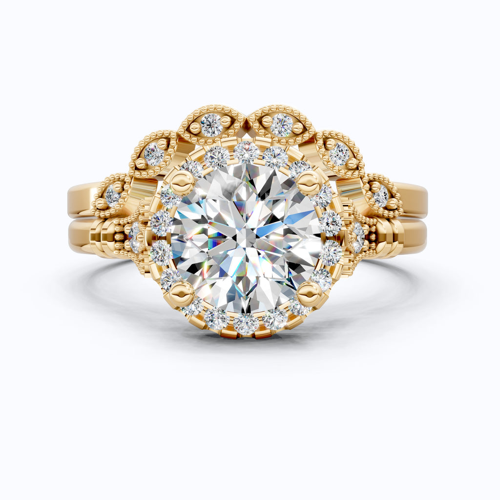 Antique Style Floral Halo Crown Engagement Ring Set in 14K Solid Gold, 1.30 CT Round Cut Lab Created Diamond, Birthday Gift for Her, Unique Bridal Jewelry