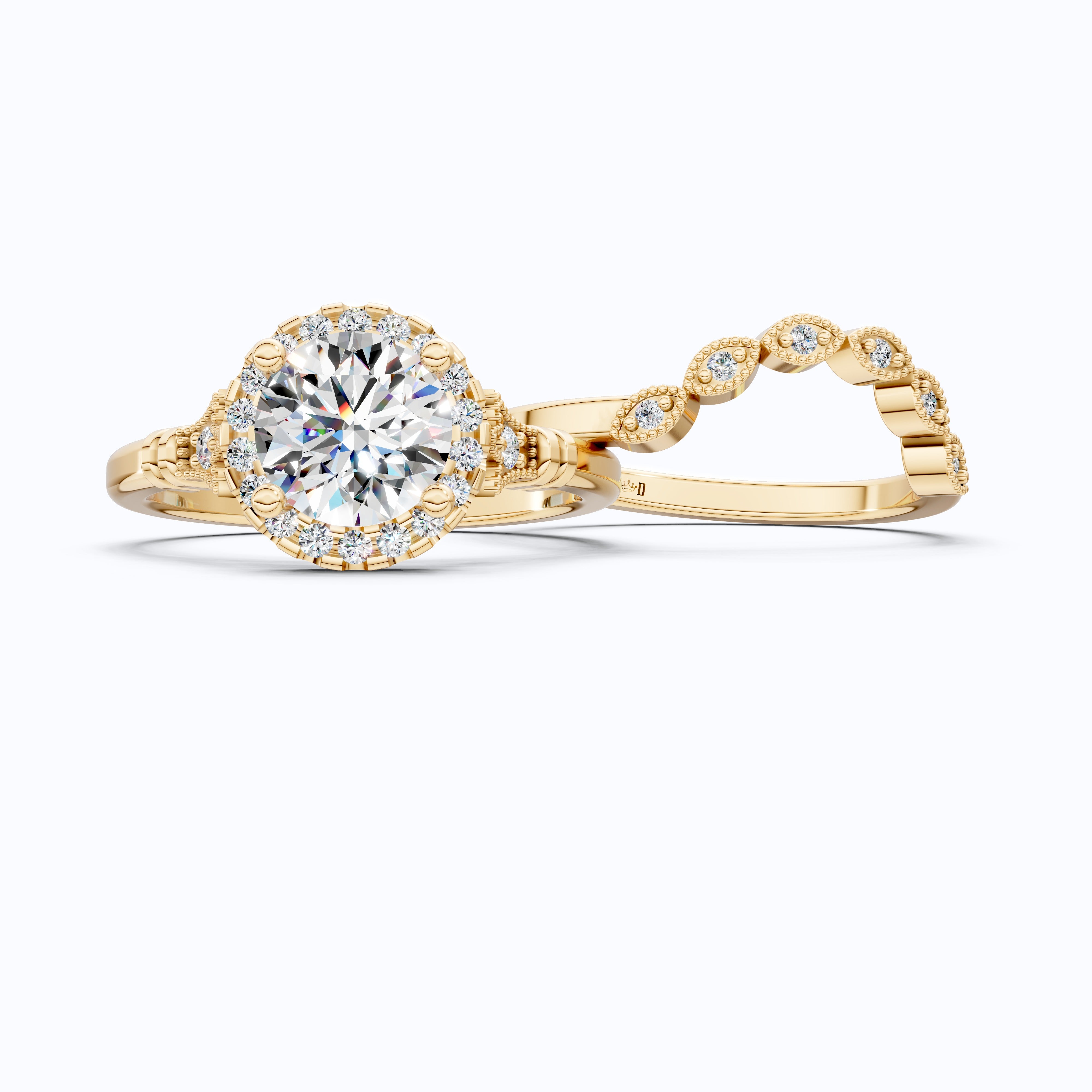Antique Style Floral Halo Crown Engagement Ring Set in 14K Solid Gold, 1.30 CT Round Cut Lab Created Diamond, Birthday Gift for Her, Unique Bridal Jewelry