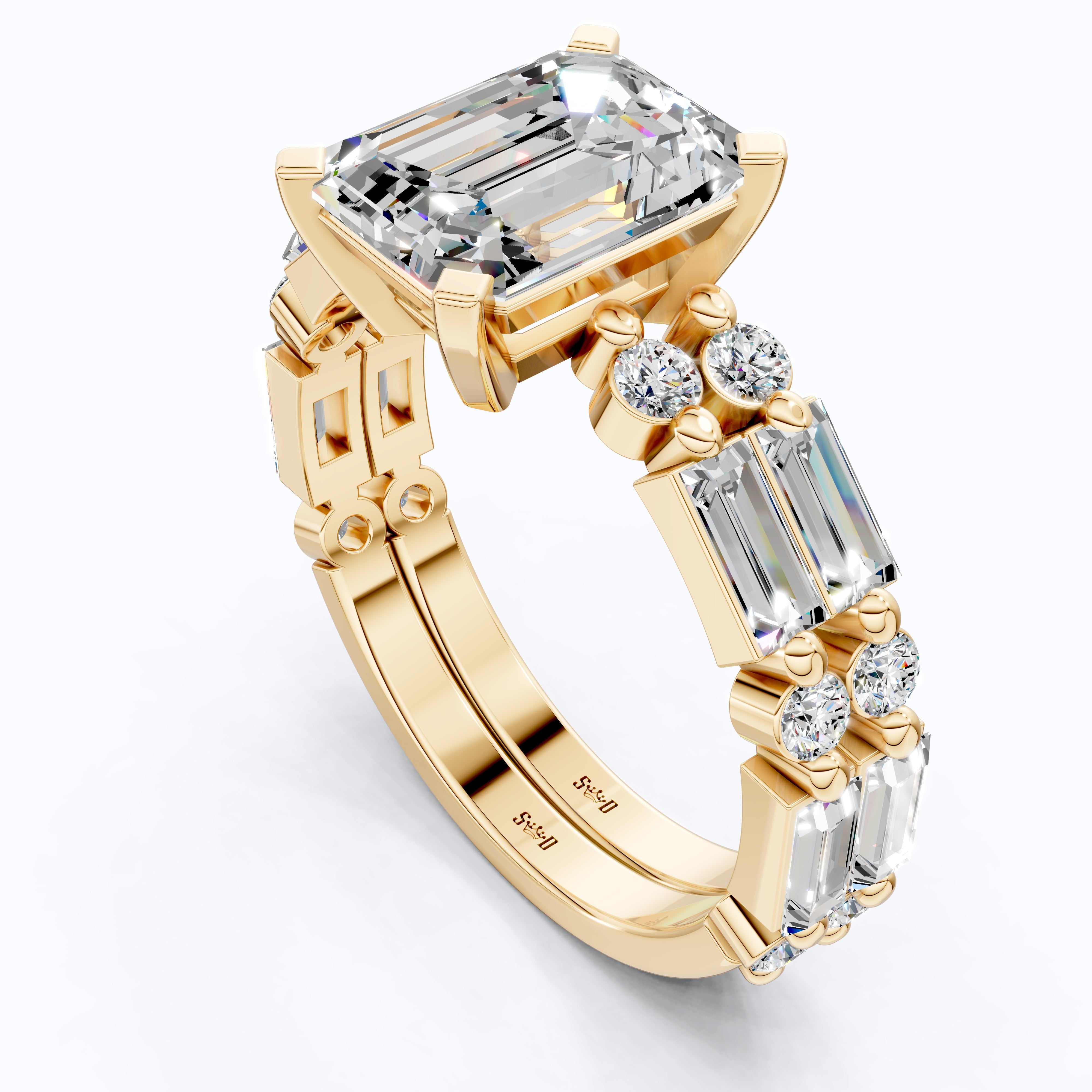 Modern Emerald Cut Baguette Side Stone Engagement Ring With Open Eternity Band in 14K Solid Gold, 1.75 CT Emerald Cut Lab Created Diamond, Wedding Gift for Her, Handmade Jewelry