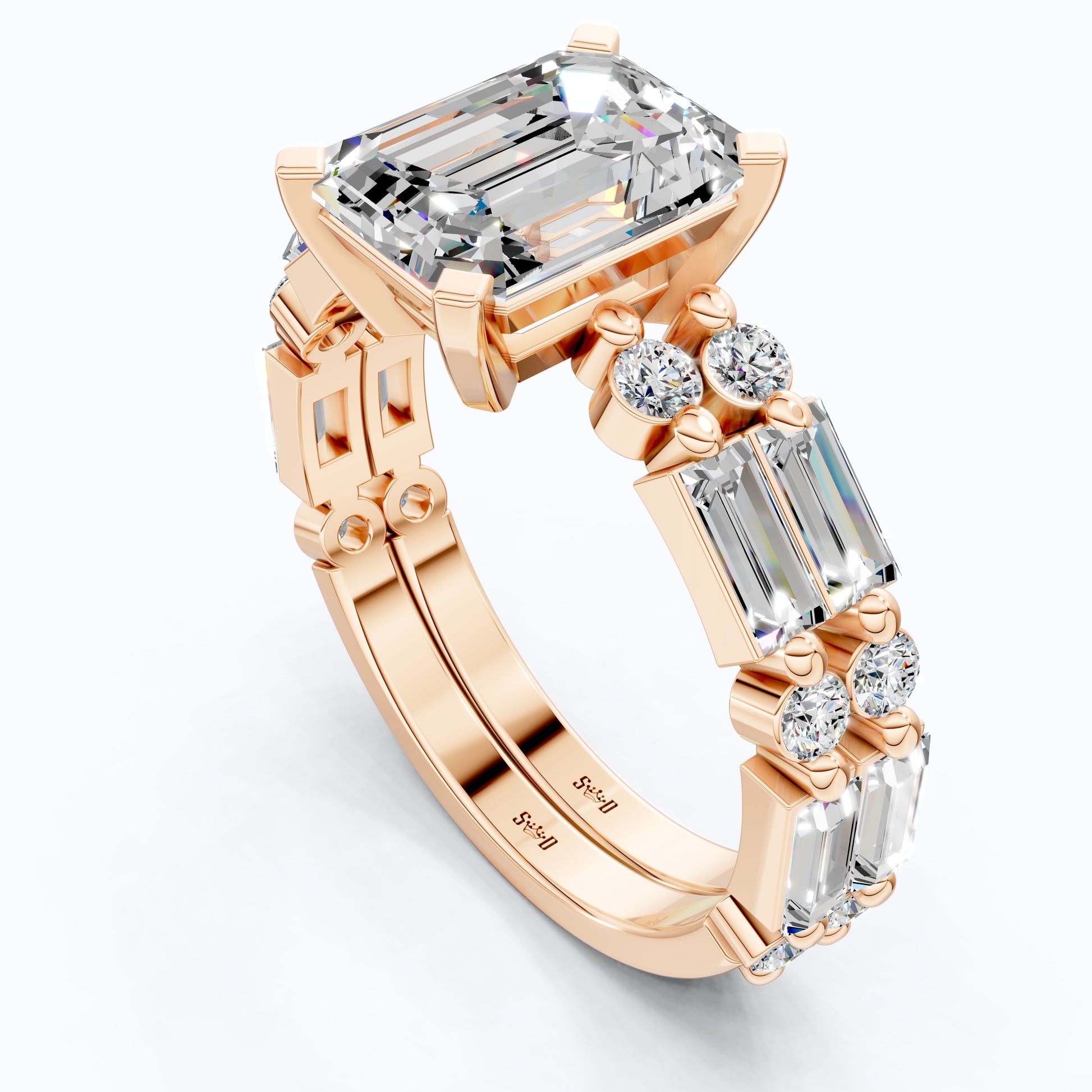 Modern Emerald Cut Baguette Side Stone Engagement Ring With Open Eternity Band in 14K Solid Gold, 1.75 CT Emerald Cut Lab Created Diamond, Wedding Gift for Her, Handmade Jewelry