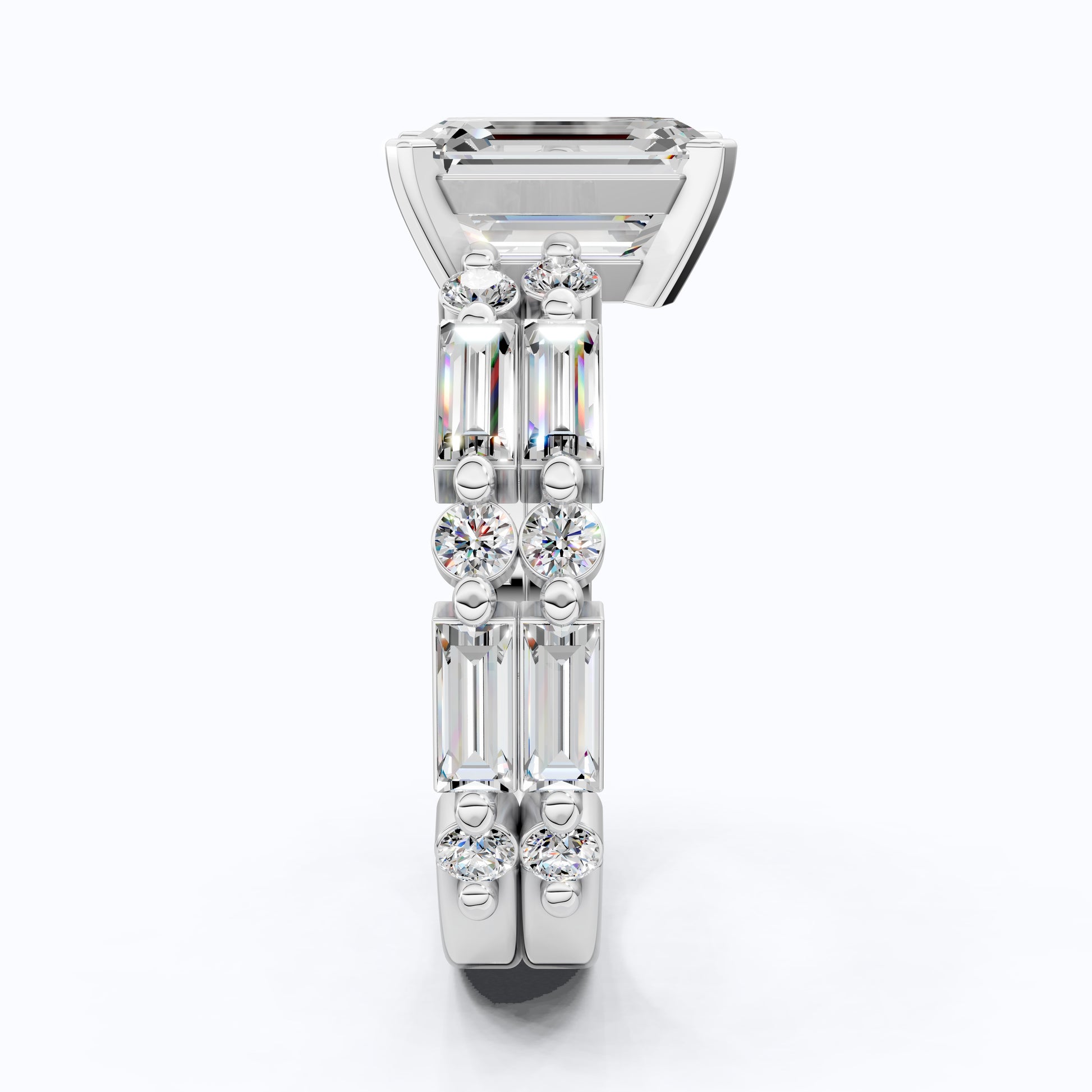 Modern Emerald Cut Baguette Side Stone Engagement Ring With Open Eternity Band in 14K Solid Gold, 1.75 CT Emerald Cut Lab Created Diamond, Wedding Gift for Her, Handmade Jewelry