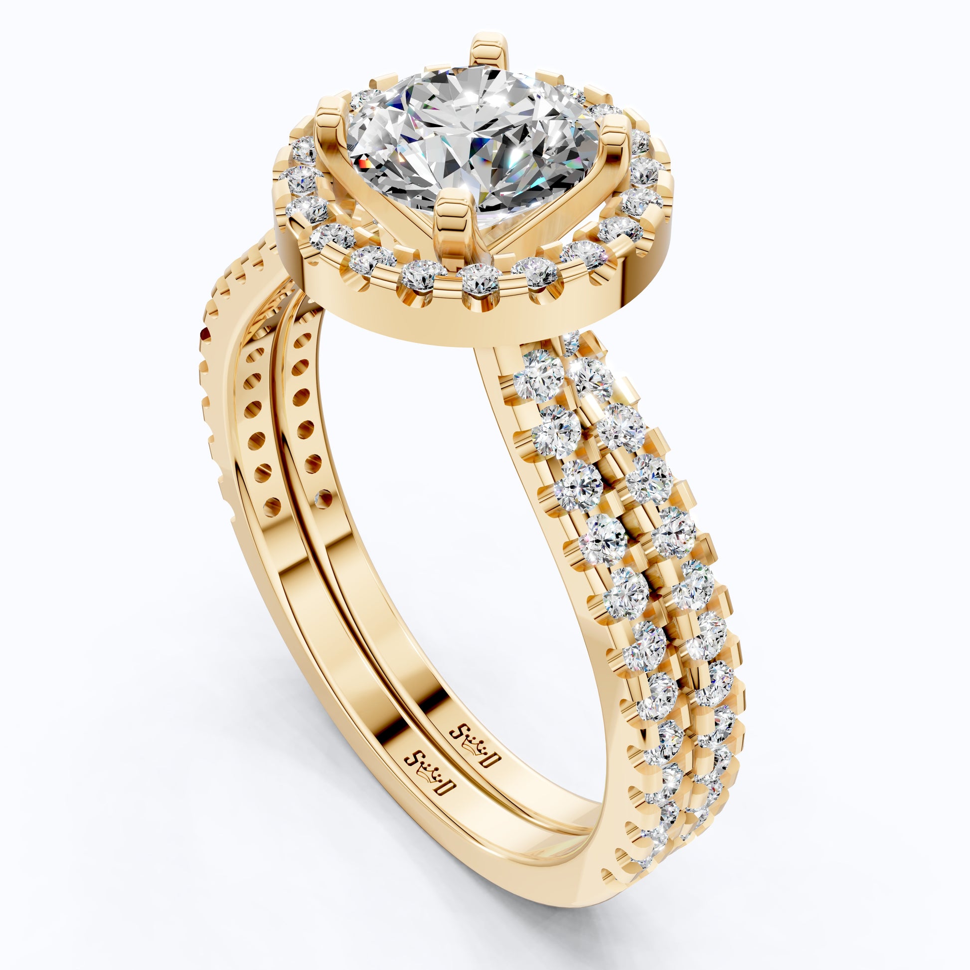 Round Halo Eternity Style Double Band Engagement Ring Set in 14K Solid Gold, 1.30 CT Round Cut Lab Created Diamond, Bridal Jewelry,  Birthday Gift For Her