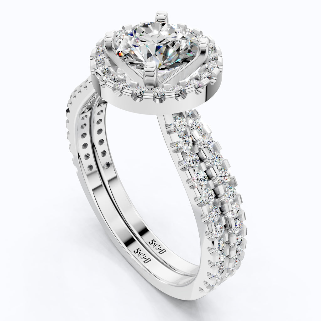 Round Halo Eternity Style Double Band Engagement Ring Set in 14K Solid Gold, 1.30 CT Round Cut Lab Created Diamond, Bridal Jewelry,  Birthday Gift For Her