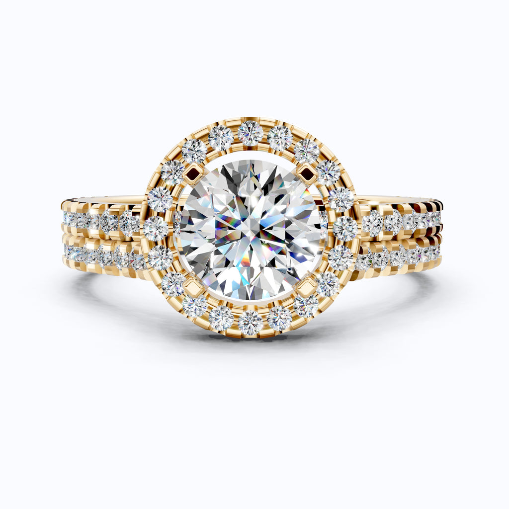 Round Halo Eternity Style Double Band Engagement Ring Set in 14K Solid Gold, 1.30 CT Round Cut Lab Created Diamond, Bridal Jewelry,  Birthday Gift For Her