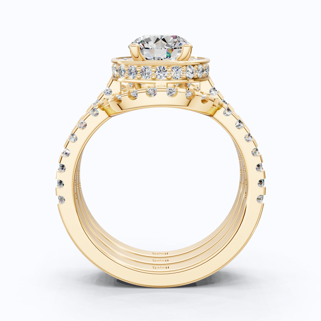 Glam Three Band Halo Cluster Wedding Ring Set in 14K Solid Gold, 1.00 CT Round Cut Lab Created Diamond, Double Halo Bridal Set, Bridal Jewelry
