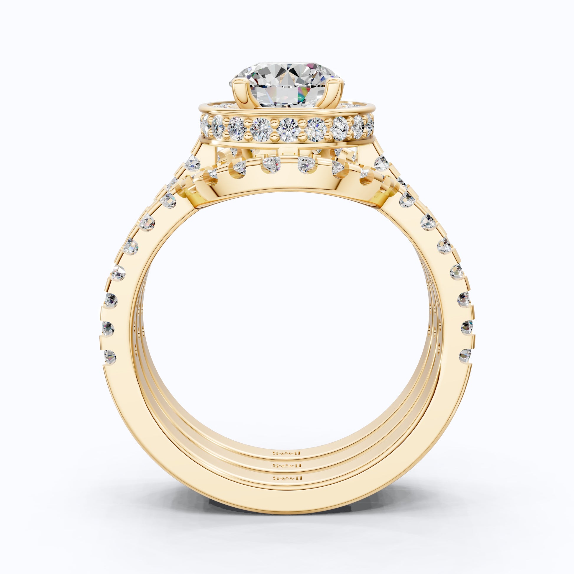 Glam Three Band Halo Cluster Wedding Ring Set in 14K Solid Gold, 1.00 CT Round Cut Lab Created Diamond, Double Halo Bridal Set, Bridal Jewelry