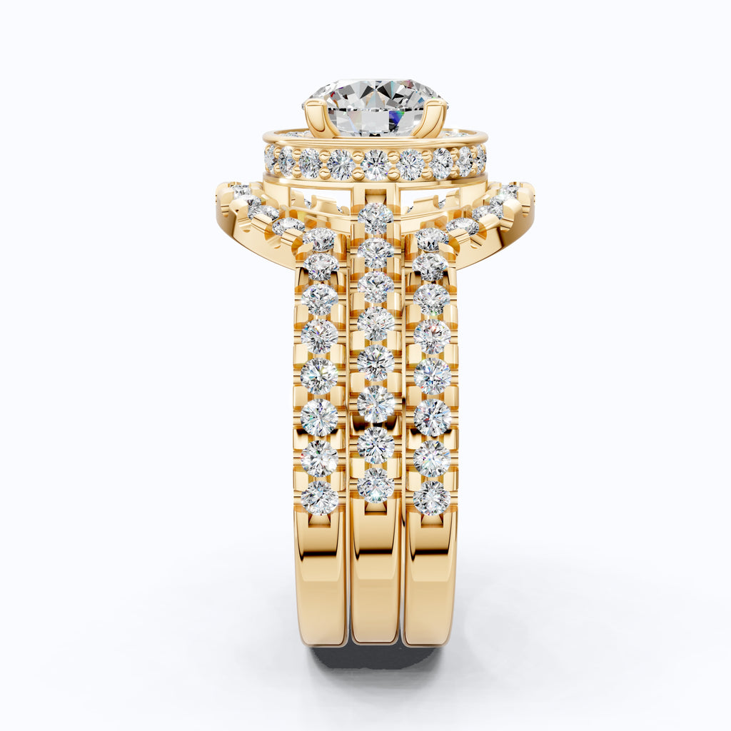 Glam Three Band Halo Cluster Wedding Ring Set in 14K Solid Gold, 1.00 CT Round Cut Lab Created Diamond, Double Halo Bridal Set, Bridal Jewelry
