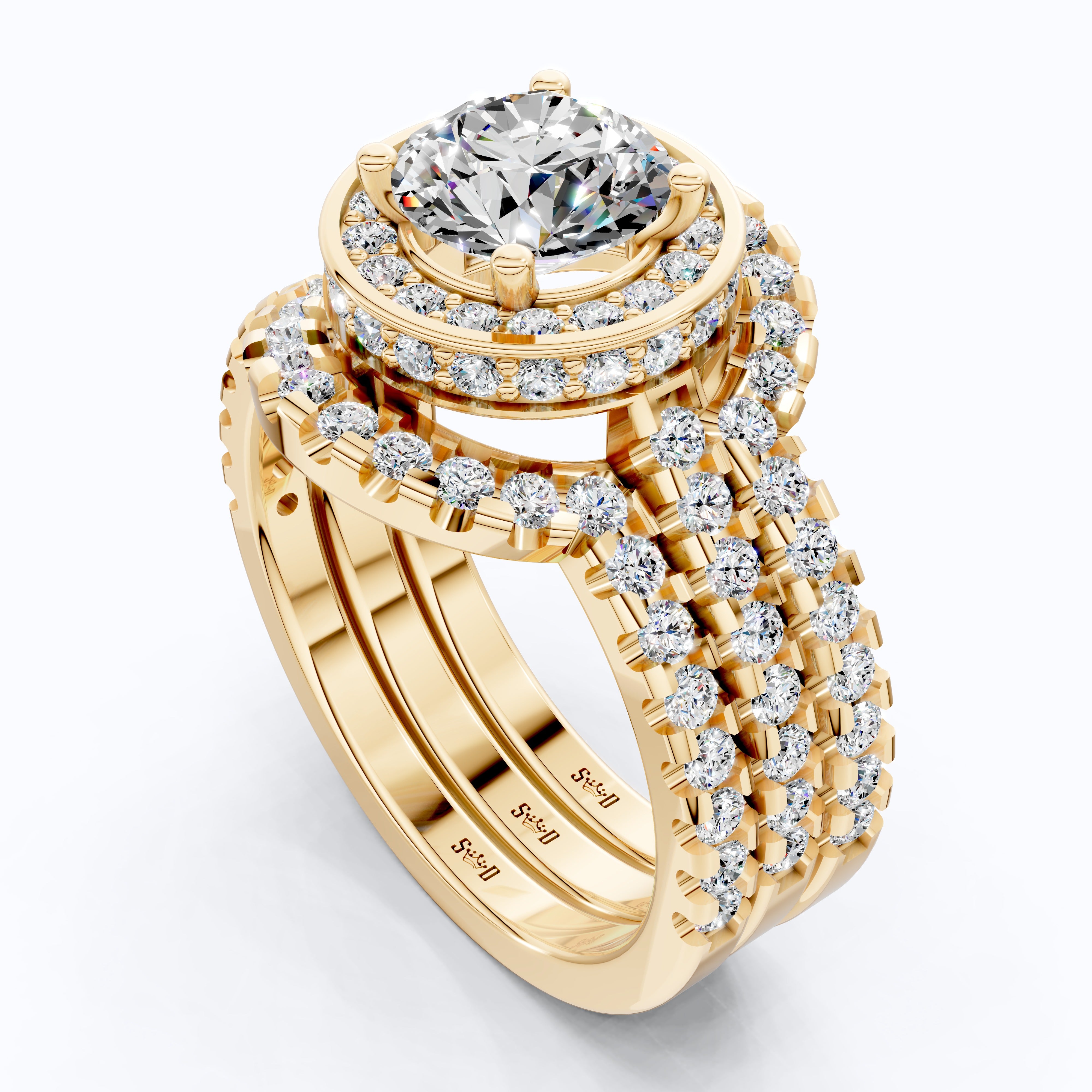 Glam Three Band Halo Cluster Wedding Ring Set in 14K Solid Gold, 1.00 CT Round Cut Lab Created Diamond, Double Halo Bridal Set, Bridal Jewelry