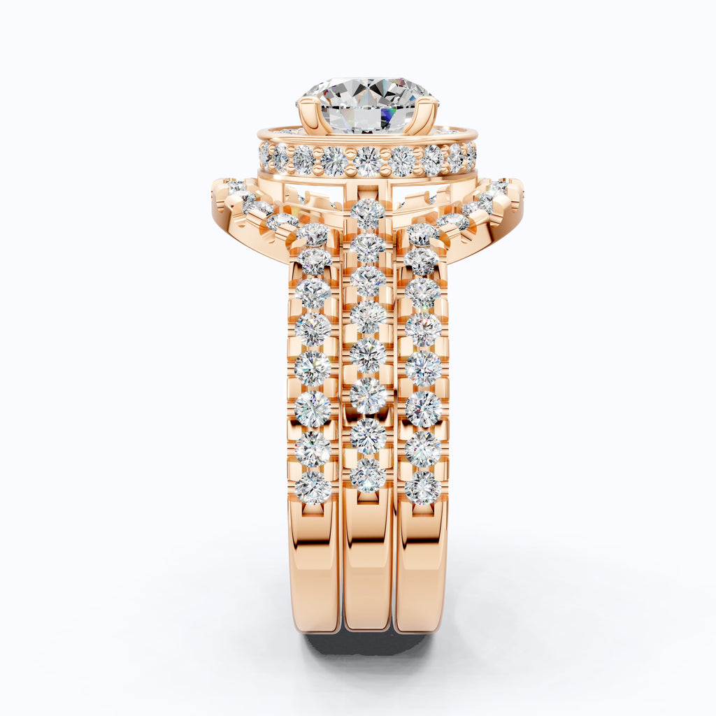 Glam Three Band Halo Cluster Wedding Ring Set in 14K Solid Gold, 1.00 CT Round Cut Lab Created Diamond, Double Halo Bridal Set, Bridal Jewelry