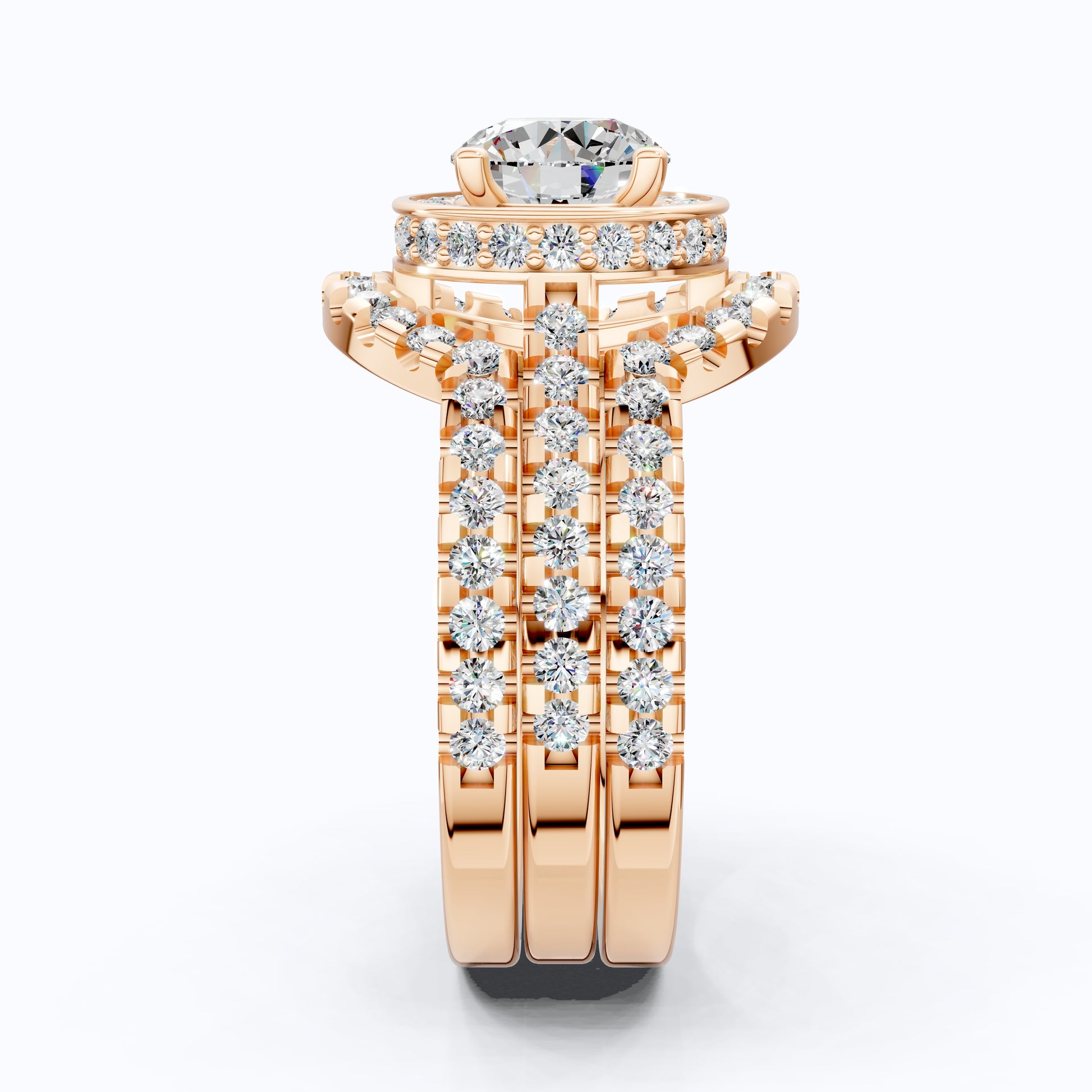 Glam Three Band Halo Cluster Wedding Ring Set in 14K Solid Gold, 1.00 CT Round Cut Lab Created Diamond, Double Halo Bridal Set, Bridal Jewelry