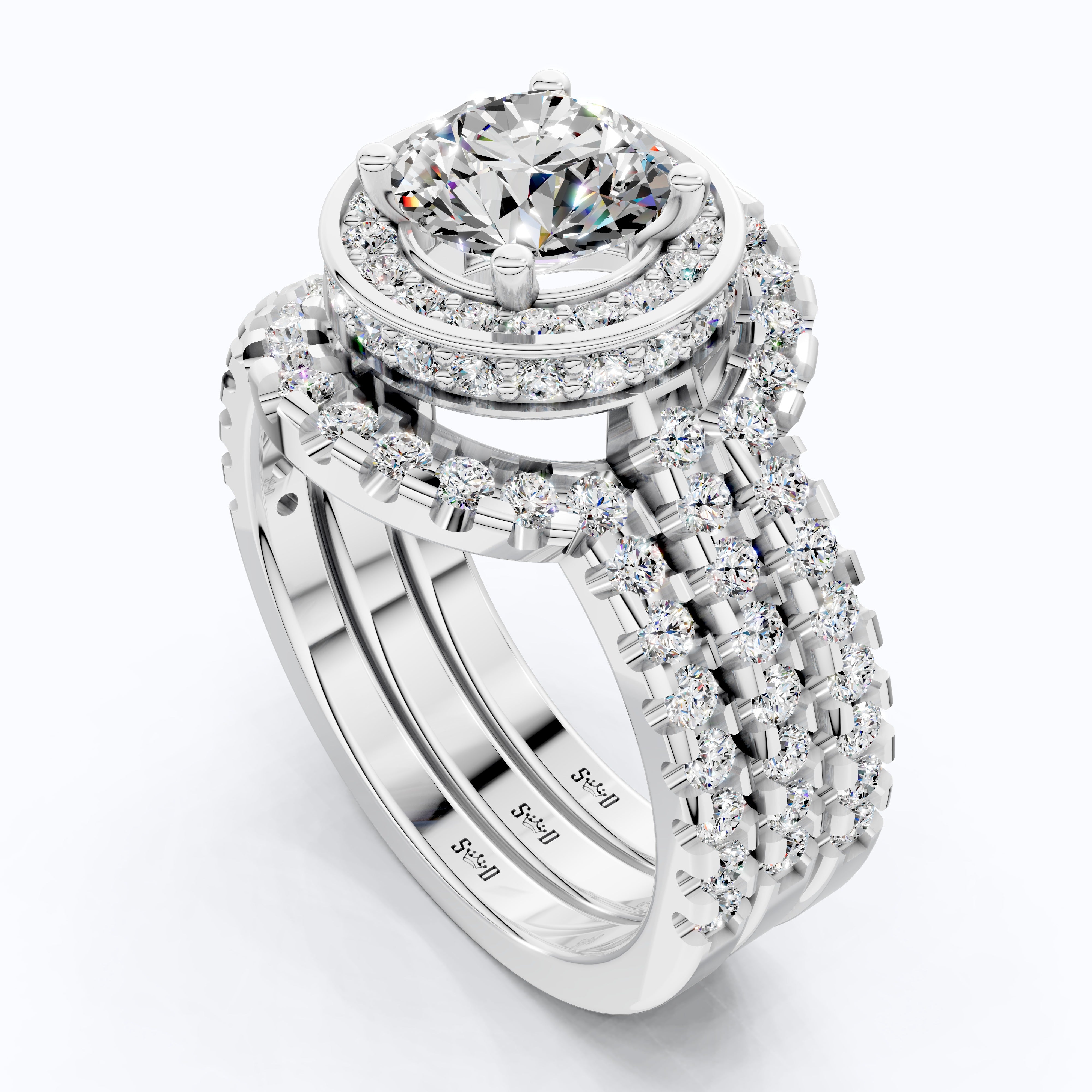 Glam Three Band Halo Cluster Wedding Ring Set in 14K Solid Gold, 1.00 CT Round Cut Lab Created Diamond, Double Halo Bridal Set, Bridal Jewelry