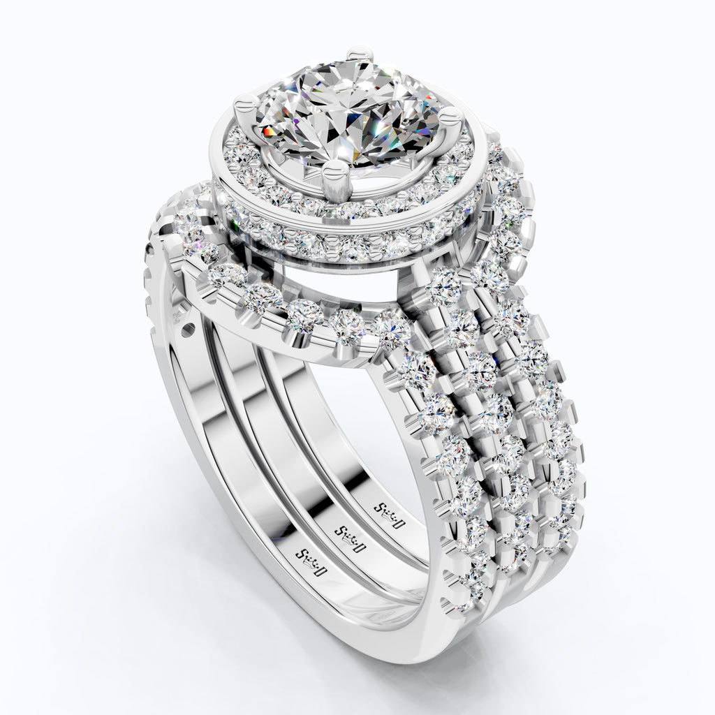 Glam Three Band Halo Cluster Wedding Ring Set in 14K Solid Gold, 1.00 CT Round Cut Lab Created Diamond, Double Halo Bridal Set, Bridal Jewelry